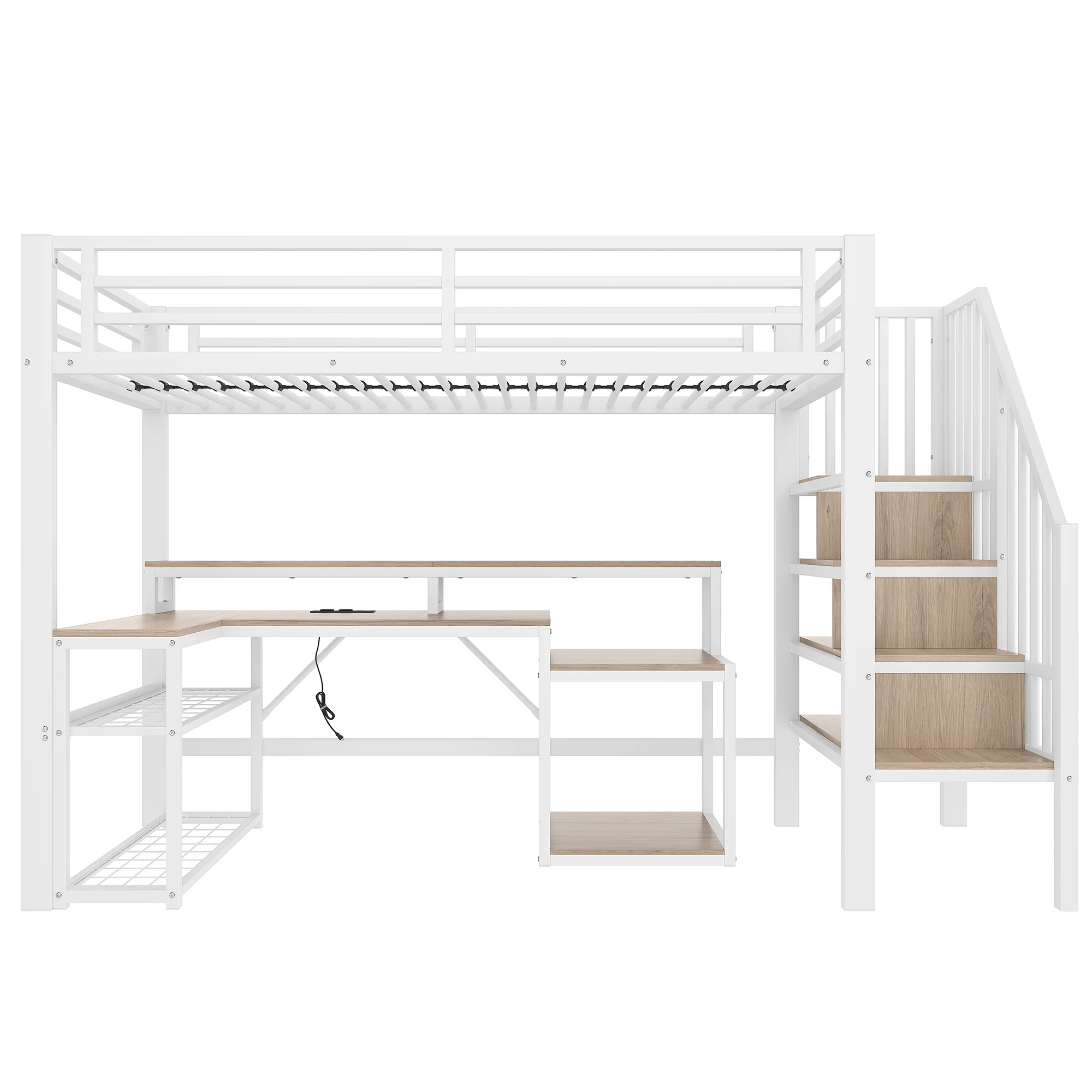Loft Bed with Desk, LED Light Strip and Storage Staircase, 90 x 200 cm, White Iron Frame - Image 9