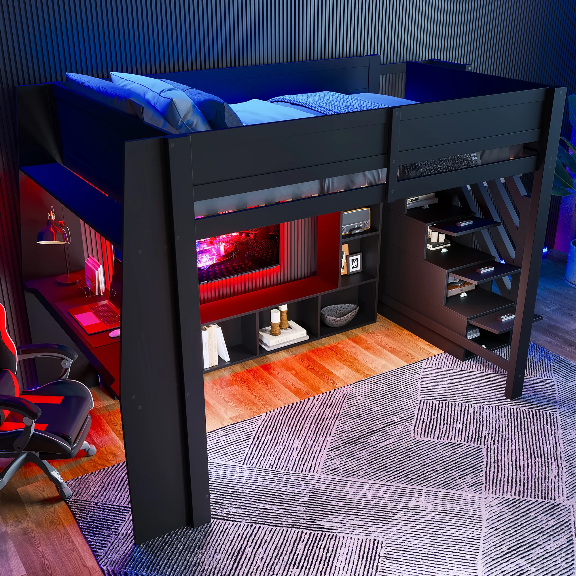 Loft Bed with Desk, Storage Stairs and LED Lighting, 140x200cm, Black Wood - Image 2