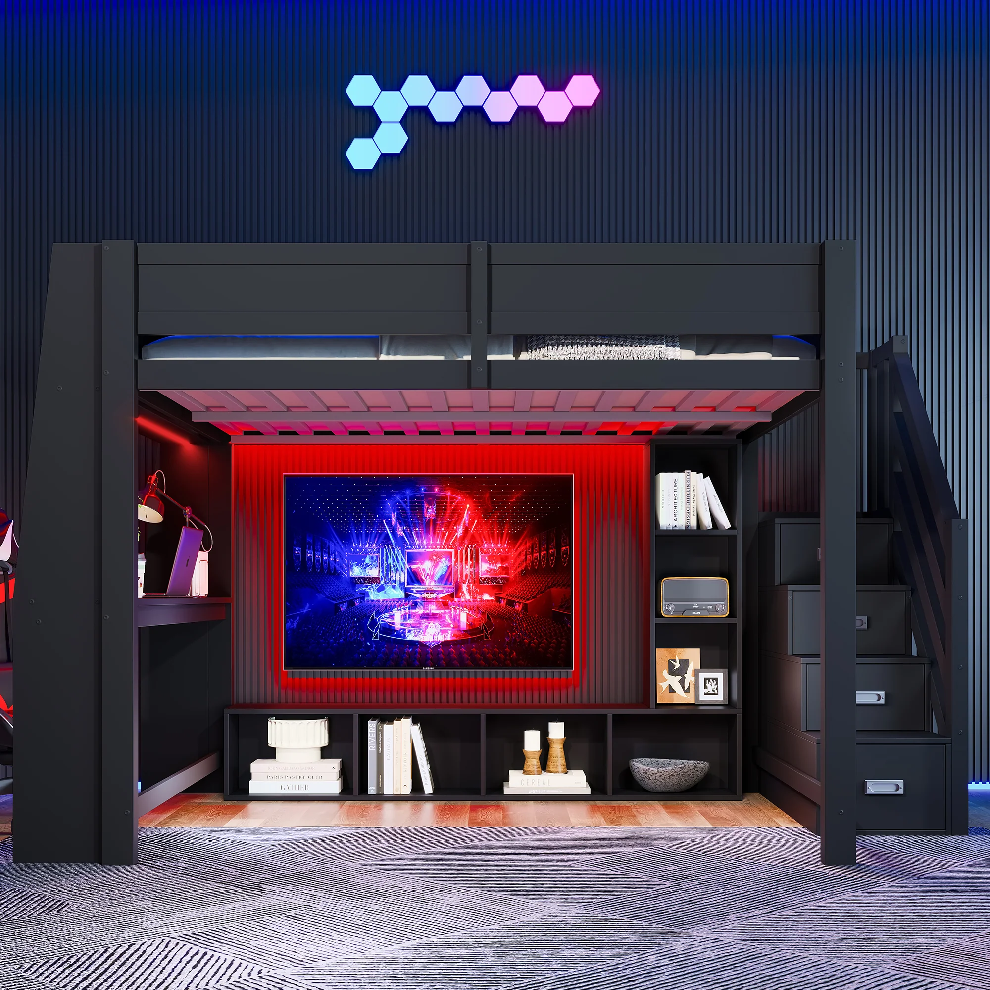 Loft Bed with Desk, Storage Stairs and LED Lighting, 140x200cm, Black Wood - Image 3