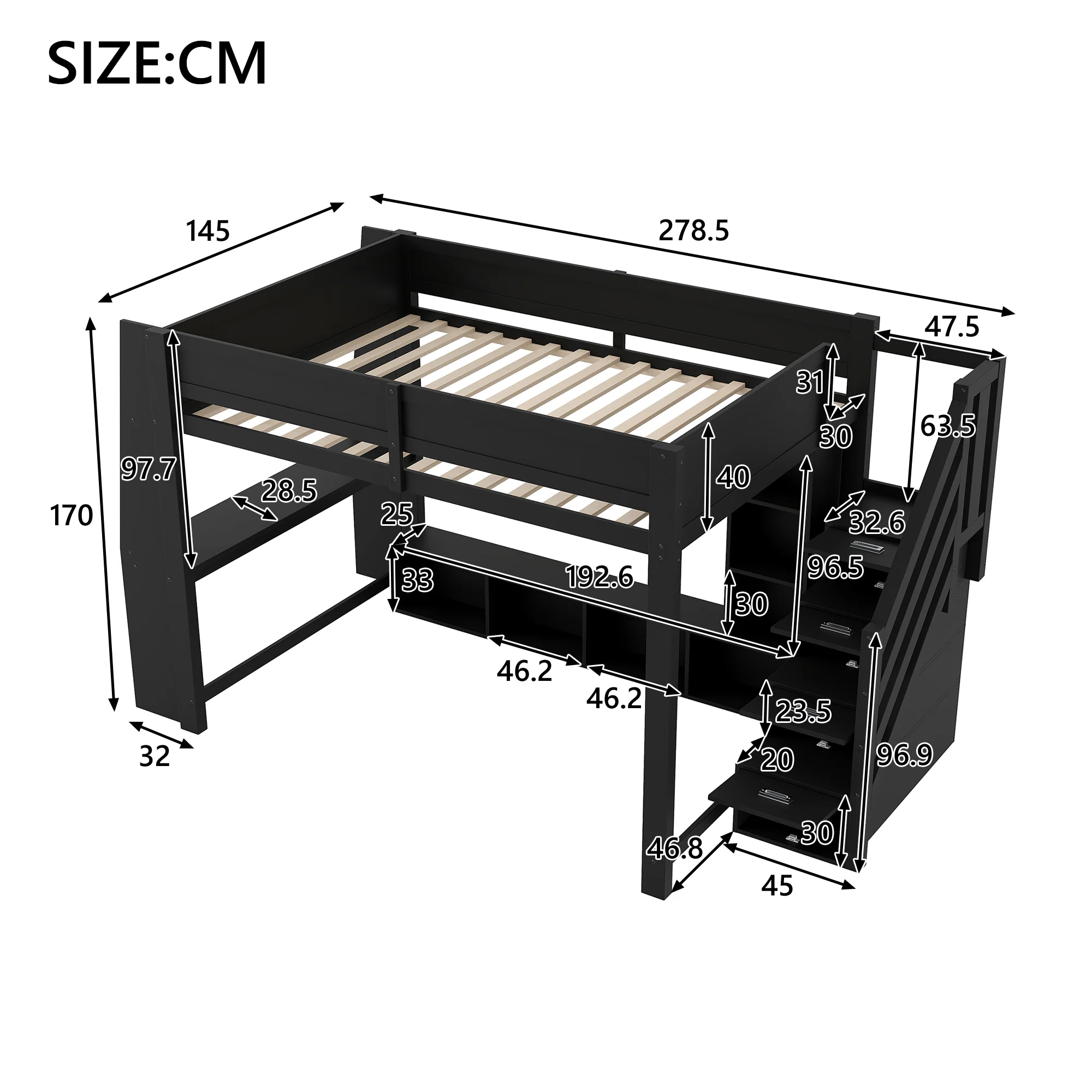 Loft Bed with Desk, Storage Stairs and LED Lighting, 140x200cm, Black Wood - Image 4