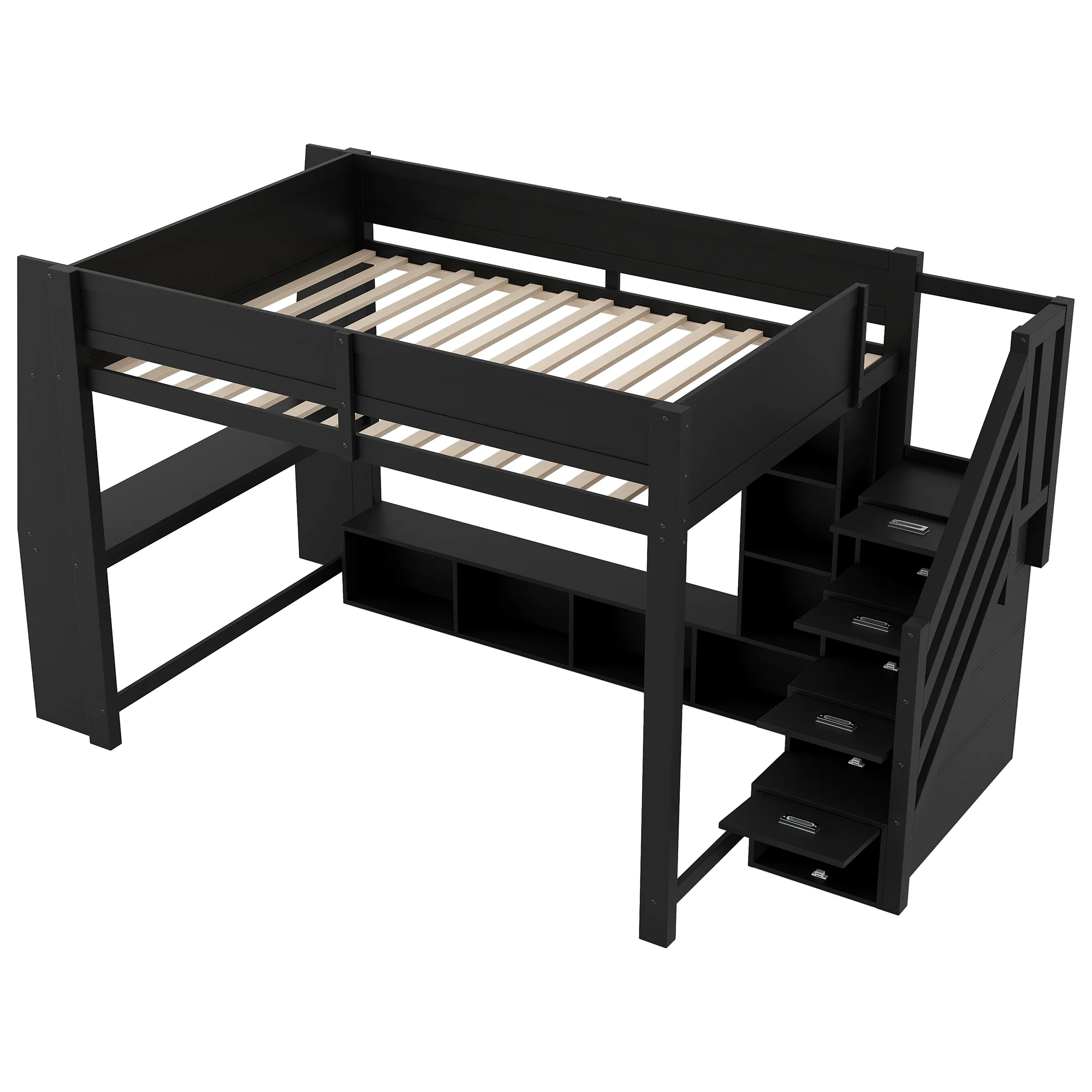 Loft Bed with Desk, Storage Stairs and LED Lighting, 140x200cm, Black Wood - Image 6