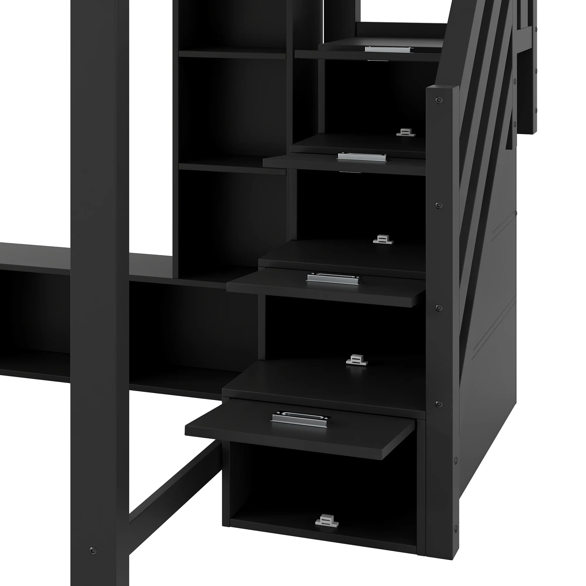Loft Bed with Desk, Storage Stairs and LED Lighting, 140x200cm, Black Wood - Image 7