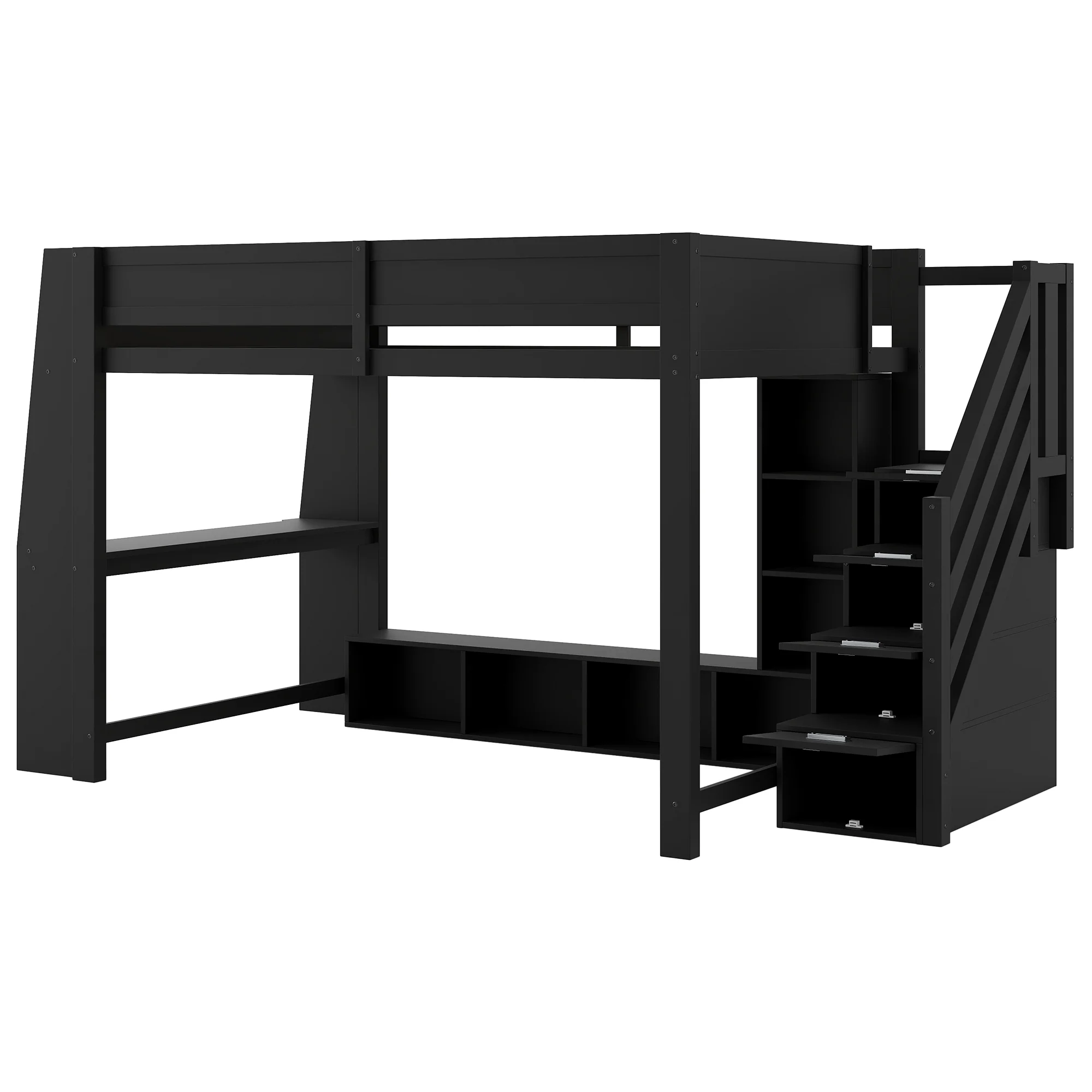 Loft Bed with Desk, Storage Stairs and LED Lighting, 140x200cm, Black Wood - Image 8