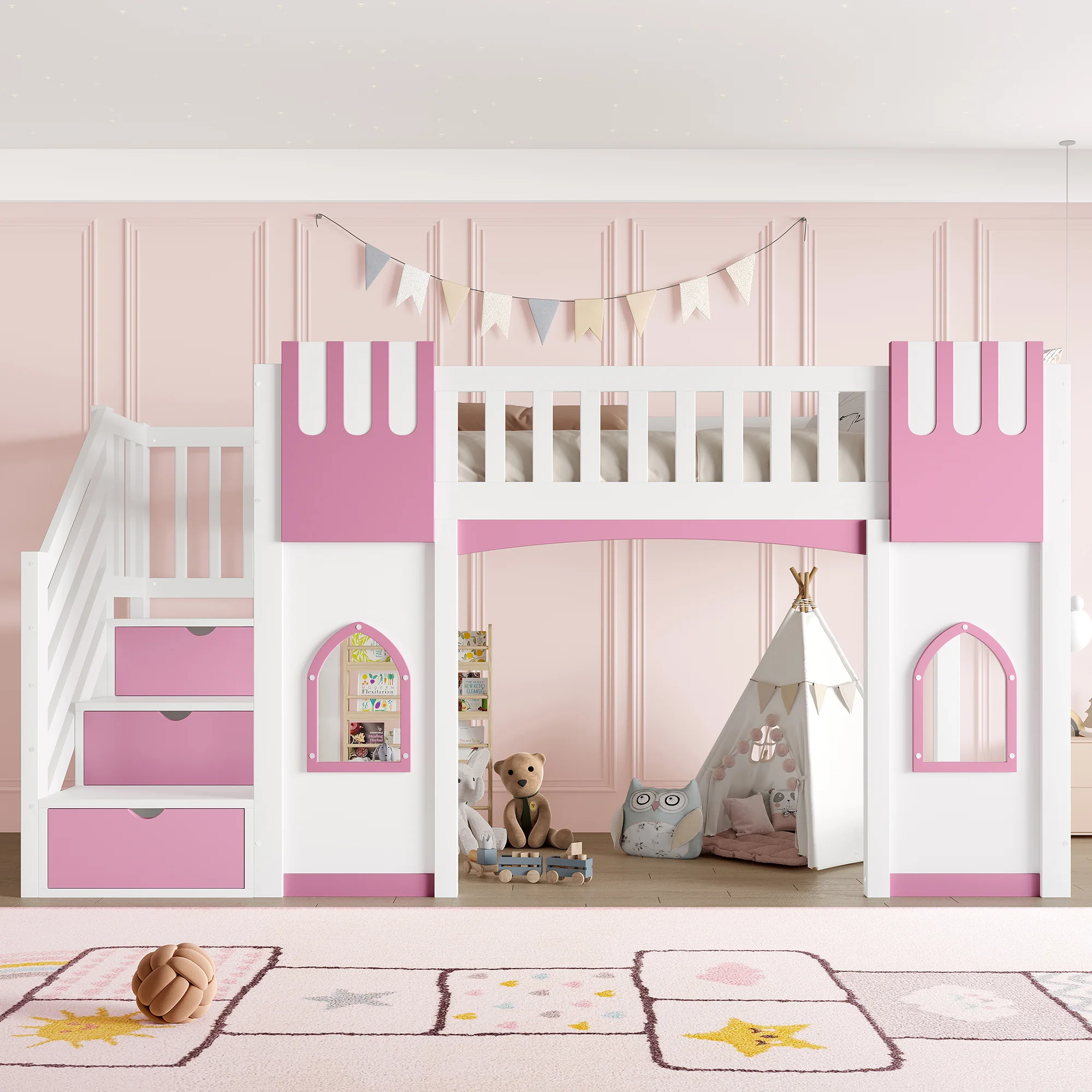 Loft Bed with Storage Stairs and Window, 90x200cm, White and Pink Pine Wood + MDF - Image 2