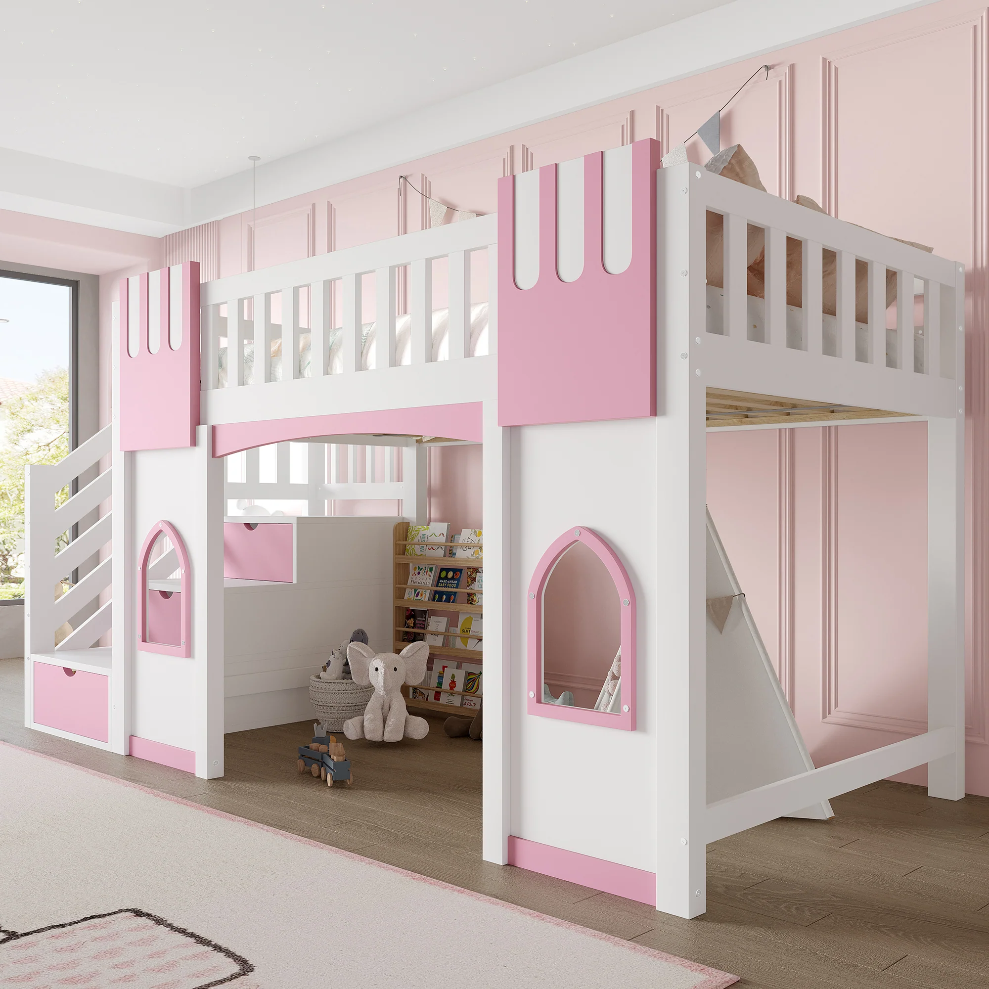 Loft Bed with Storage Stairs and Window, 90x200cm, White and Pink Pine Wood + MDF - Image 3