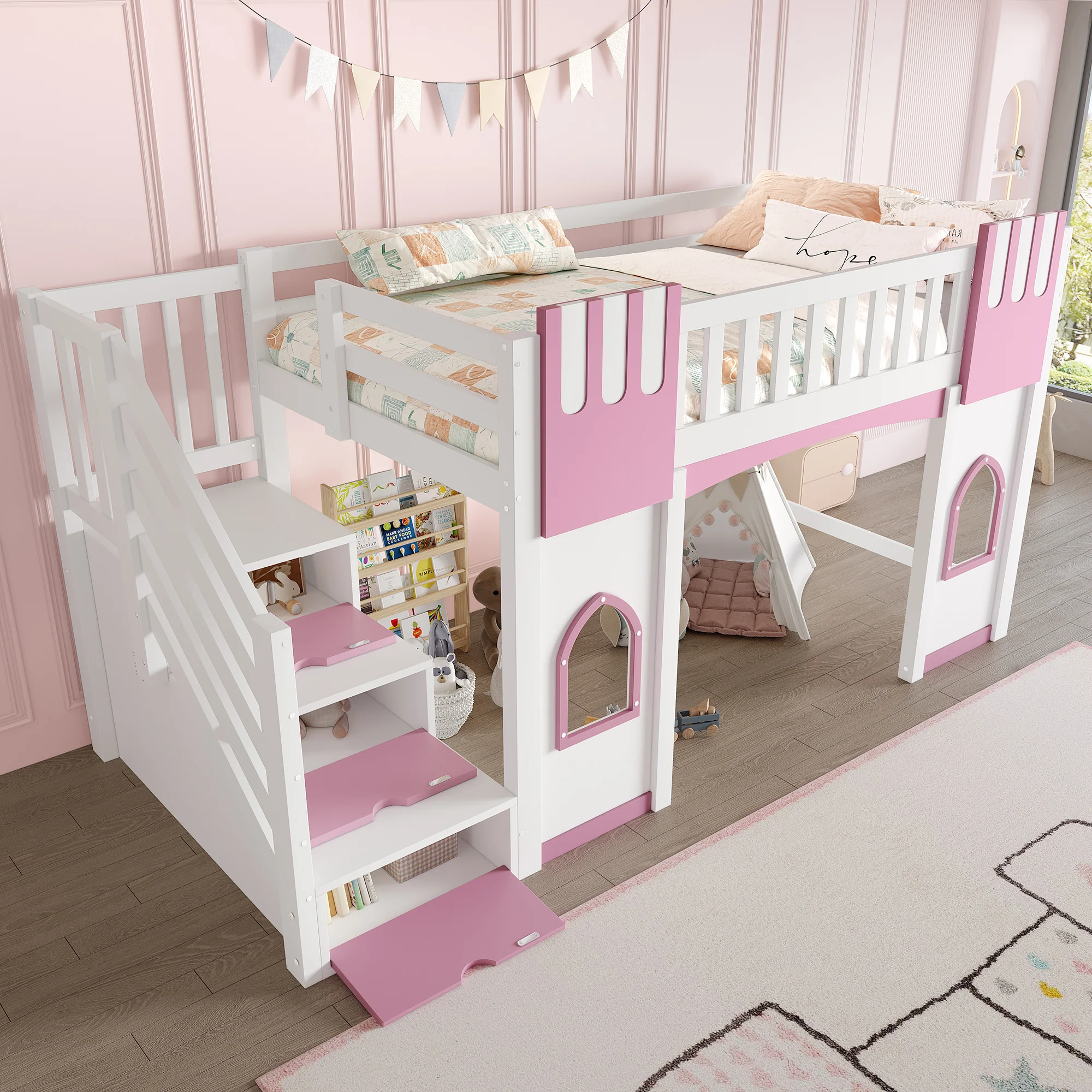 Loft Bed with Storage Stairs and Window, 90x200cm, White and Pink Pine Wood + MDF - Image 4