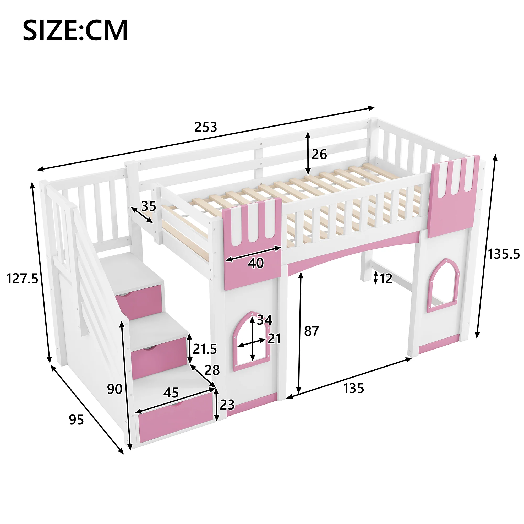 Loft Bed with Storage Stairs and Window, 90x200cm, White and Pink Pine Wood + MDF - Image 5