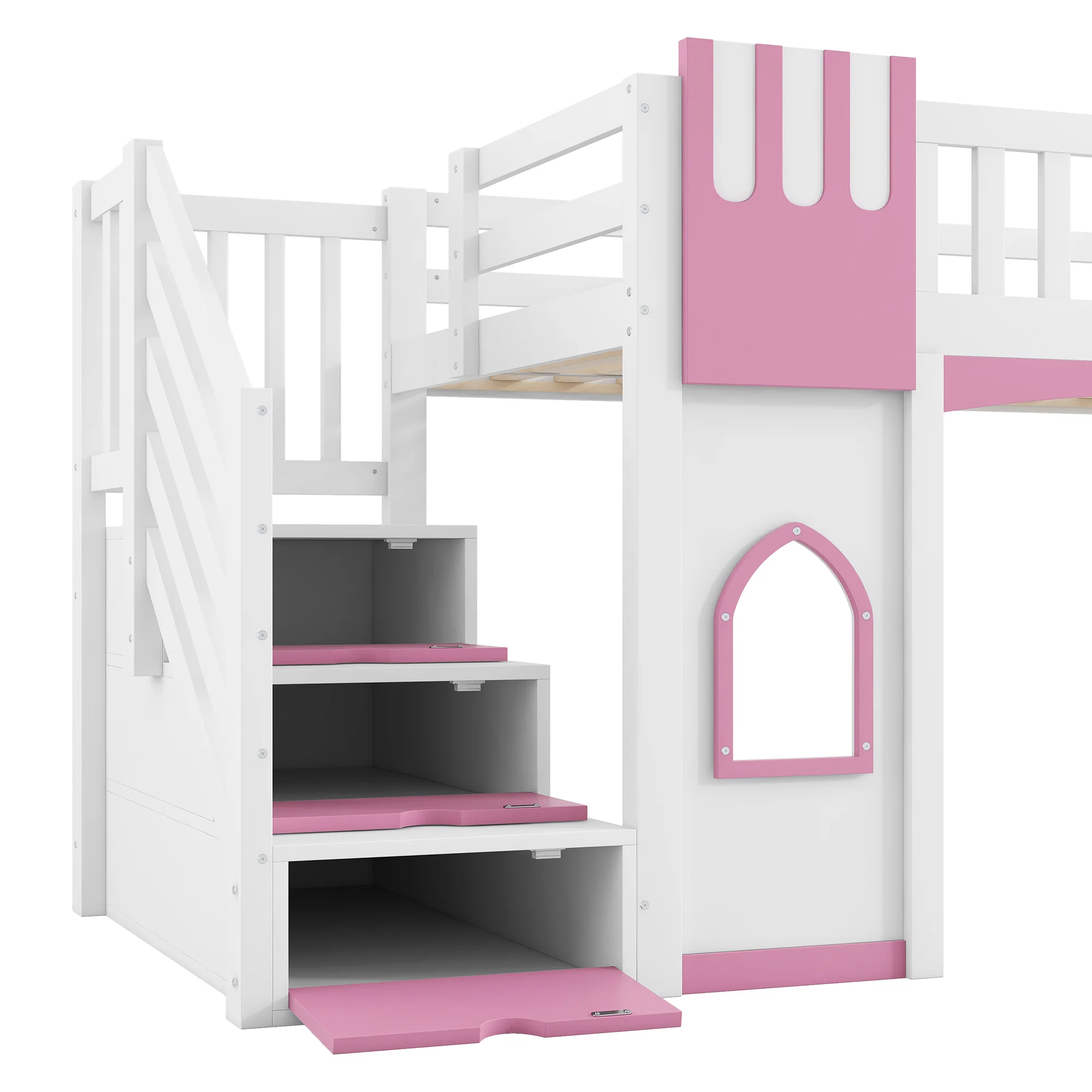 Loft Bed with Storage Stairs and Window, 90x200cm, White and Pink Pine Wood + MDF - Image 6