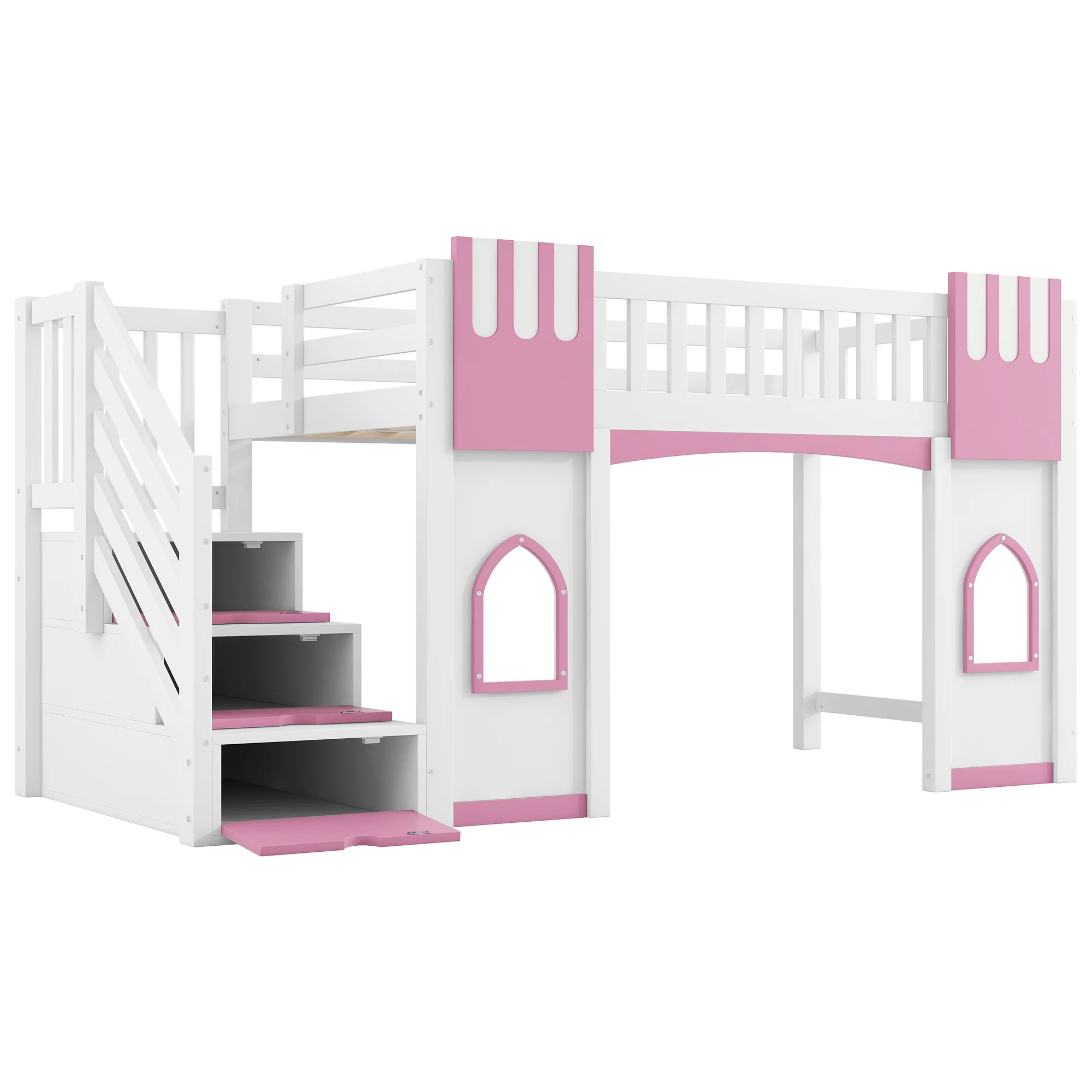 Loft Bed with Storage Stairs and Window, 90x200cm, White and Pink Pine Wood + MDF - Image 7