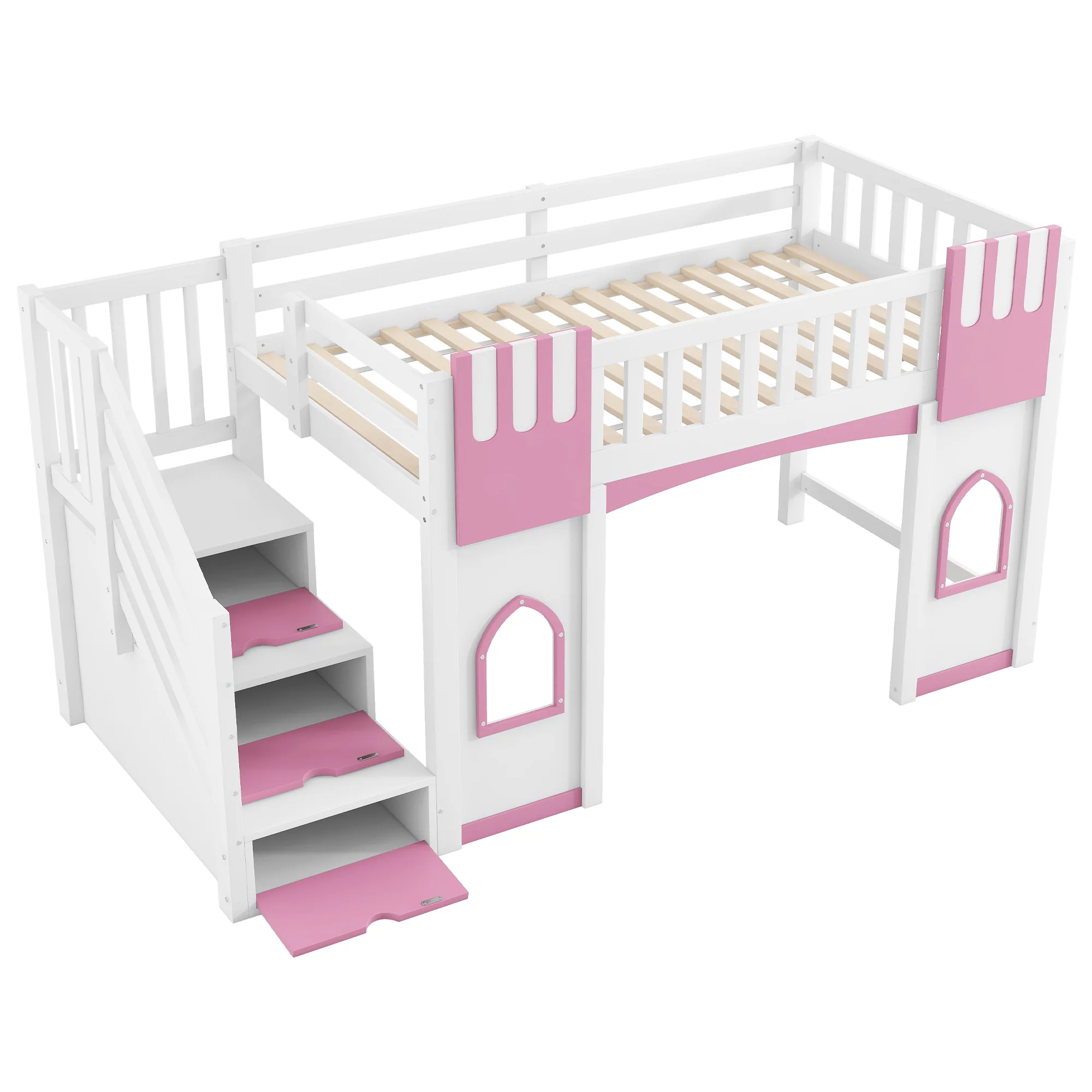 Loft Bed with Storage Stairs and Window, 90x200cm, White and Pink Pine Wood + MDF - Image 8