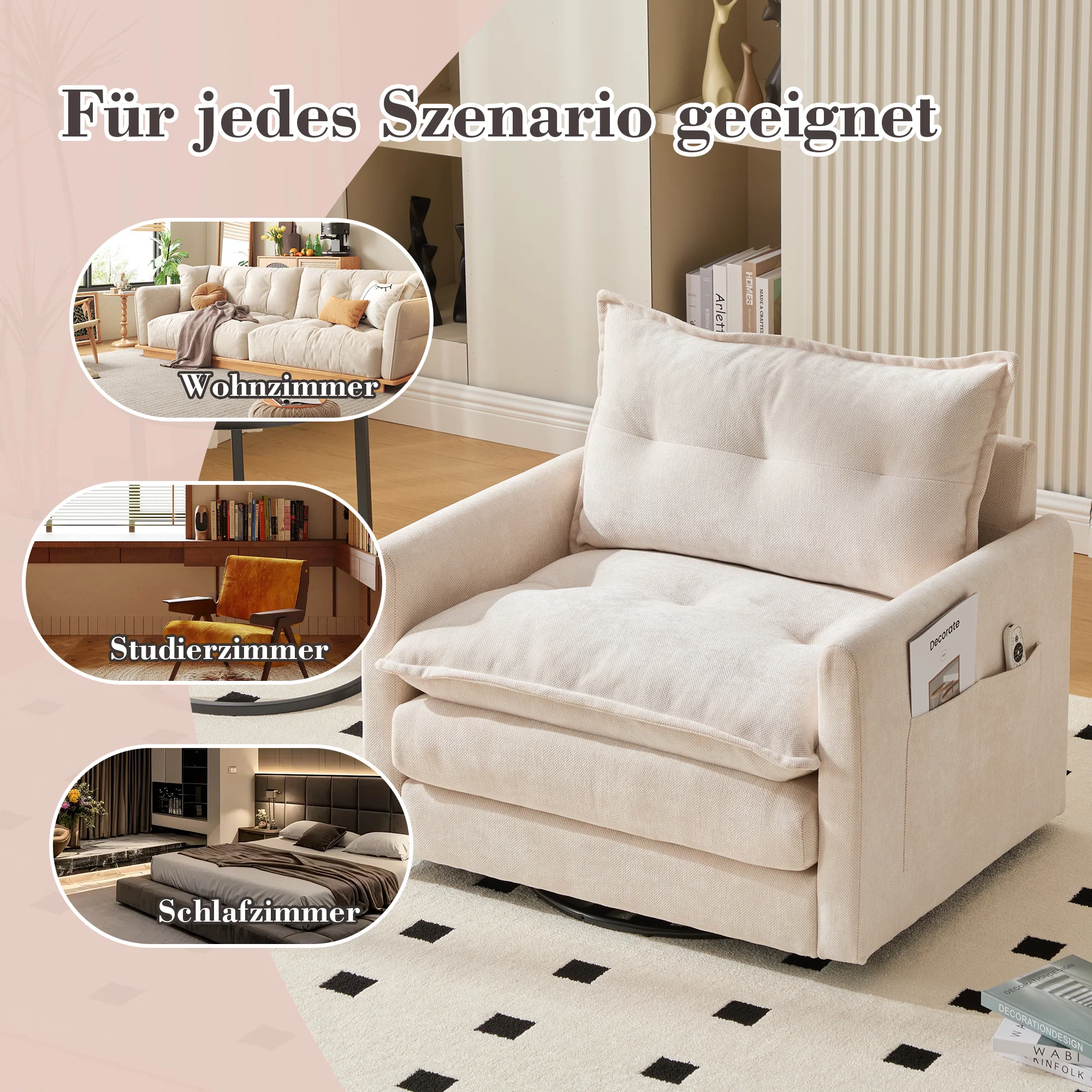 Lounge Chair, 360° Rotating, Armrests & Cushions, Modern Style - Image 3