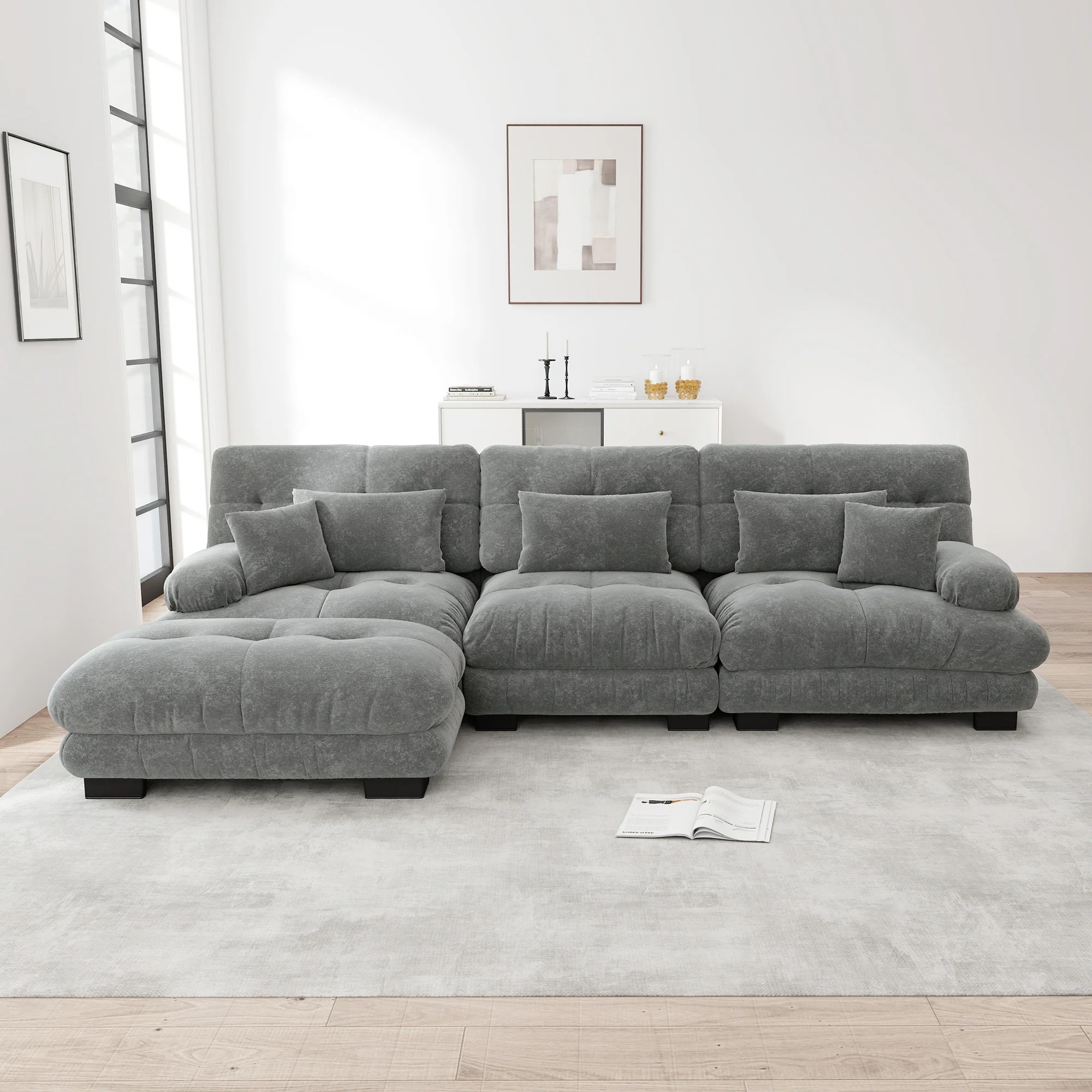 Luxury Modular Corner Sofa - Oversized L-shaped Cloud Couch with Ottoman, Chenille Grey