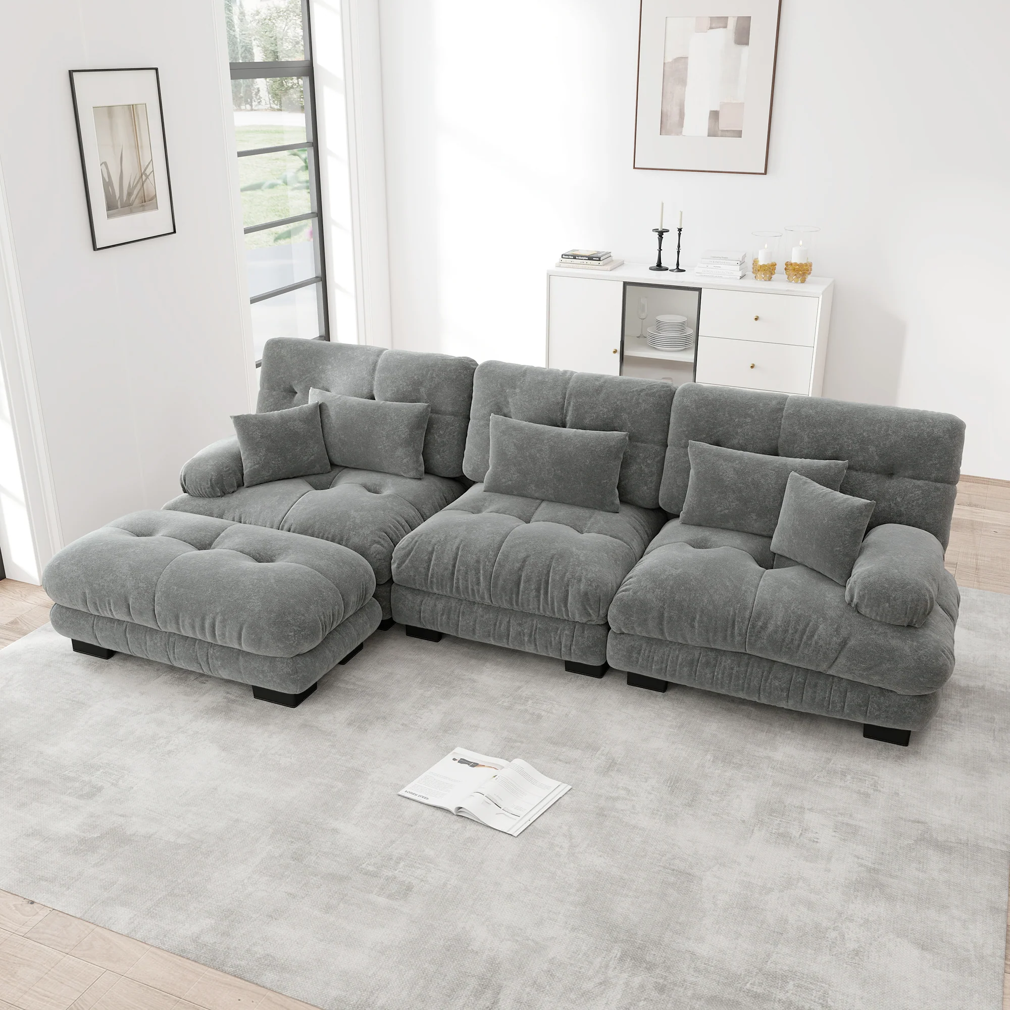 Luxury Modular Corner Sofa - Oversized L-shaped Cloud Couch with Ottoman, Chenille Grey - Image 2