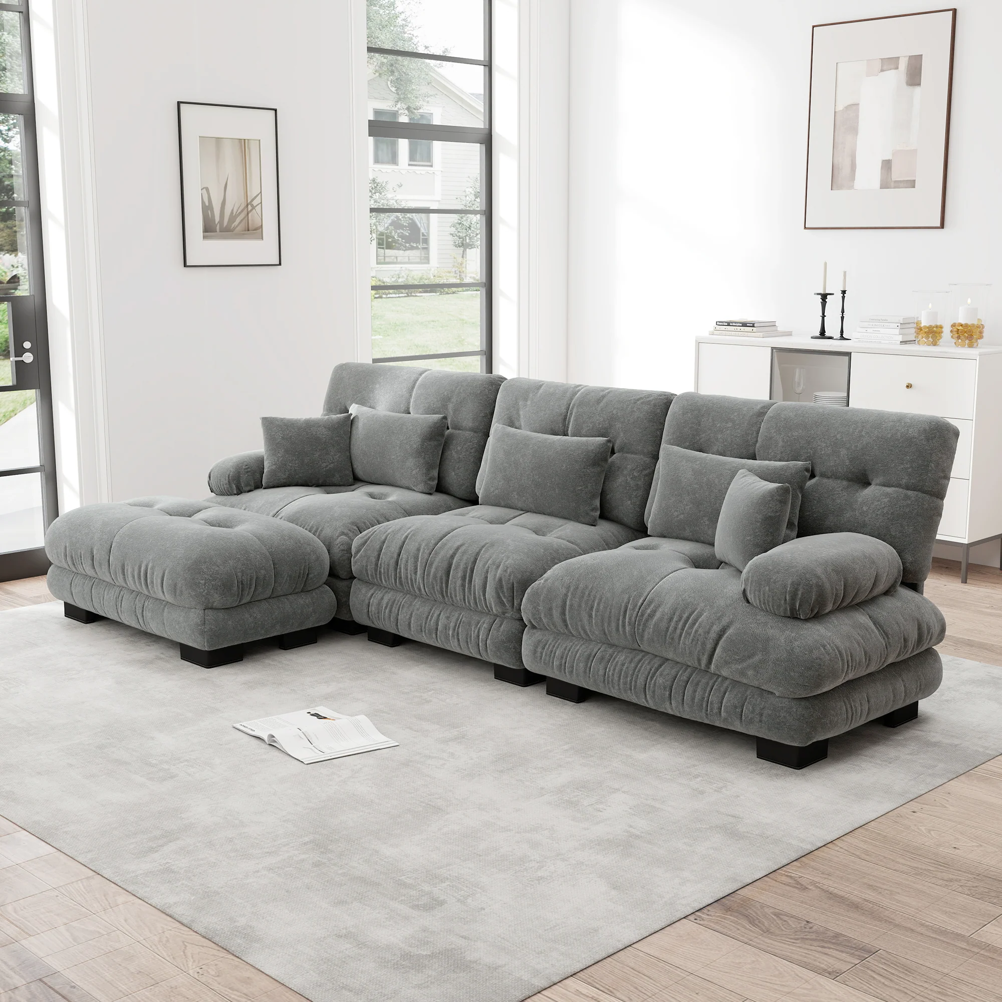 Luxury Modular Corner Sofa - Oversized L-shaped Cloud Couch with Ottoman, Chenille Grey - Image 3