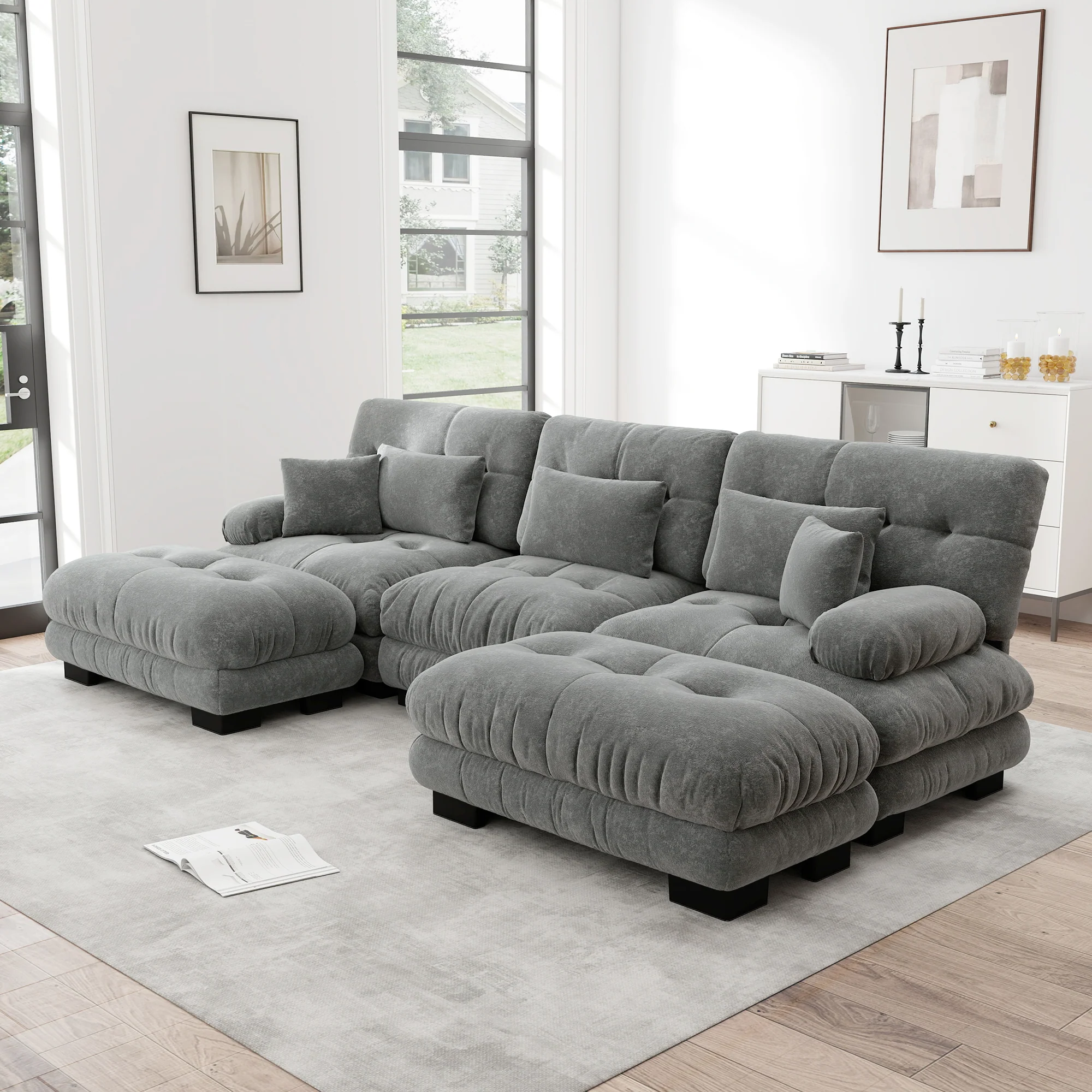 Luxury Modular Corner Sofa, Oversized U-shaped Cloud with Ottoman, Chenille Grey - Image 2
