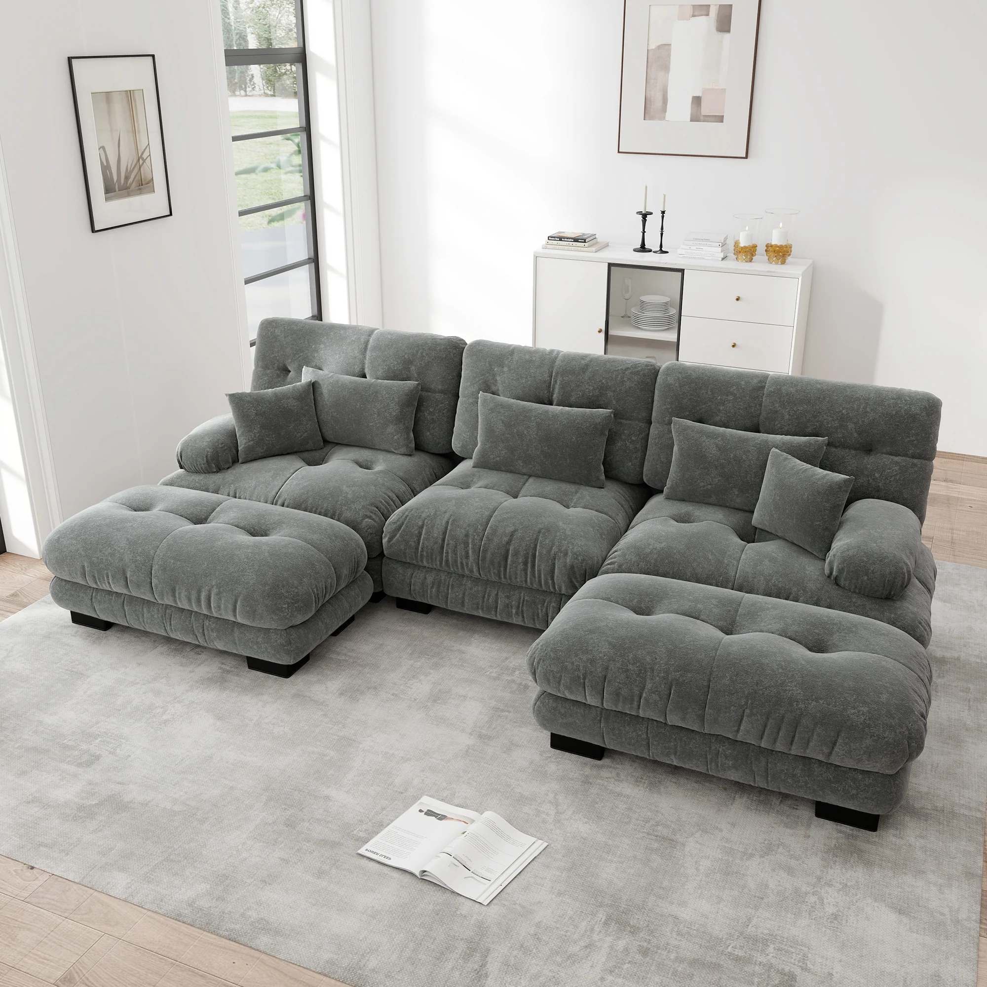 Luxury Modular Corner Sofa, Oversized U-shaped Cloud with Ottoman, Chenille Grey - Image 3