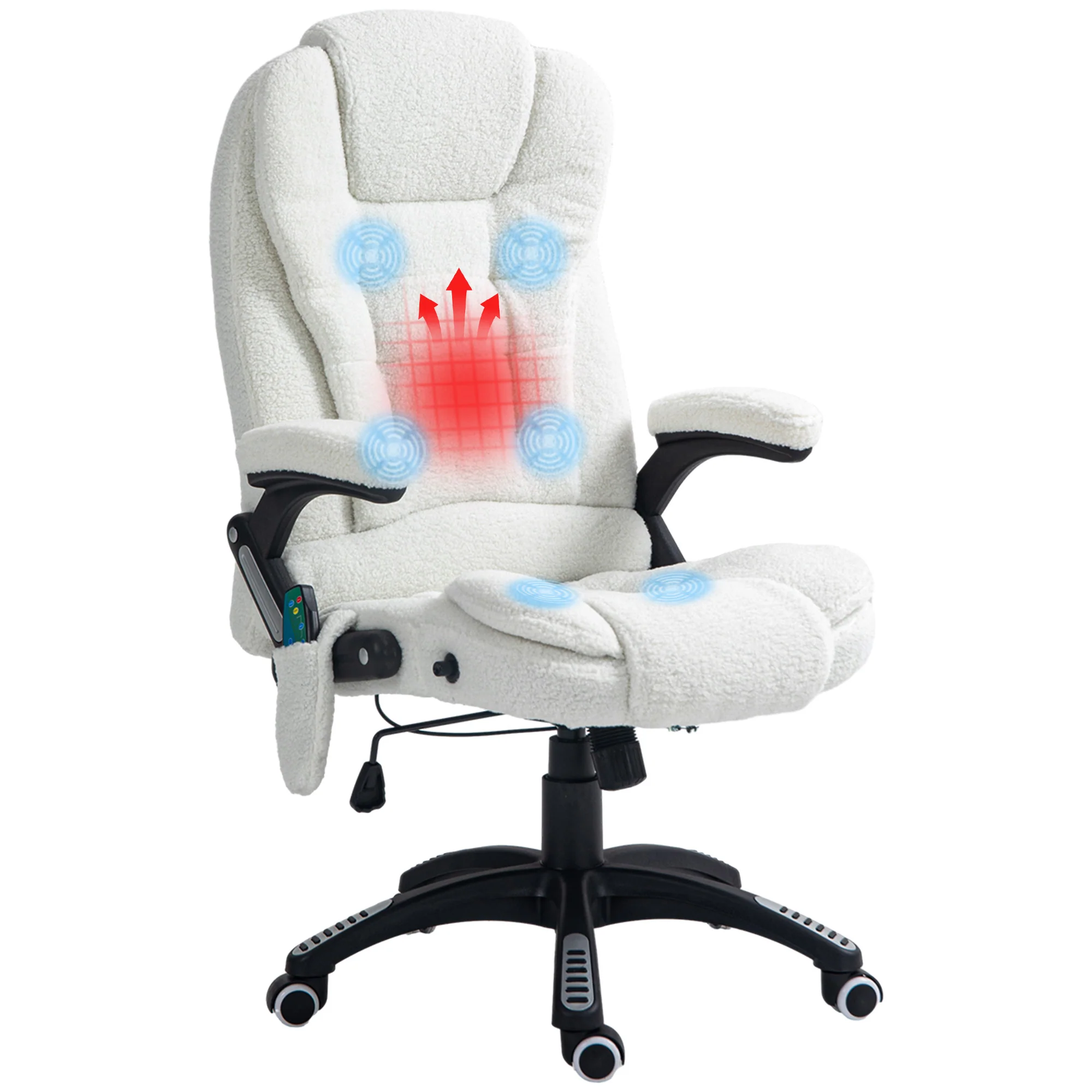 Massage Office Chair, Height Adjustable Rocking Heating Reclining Footrest, Teddy Velvet White - Image 2