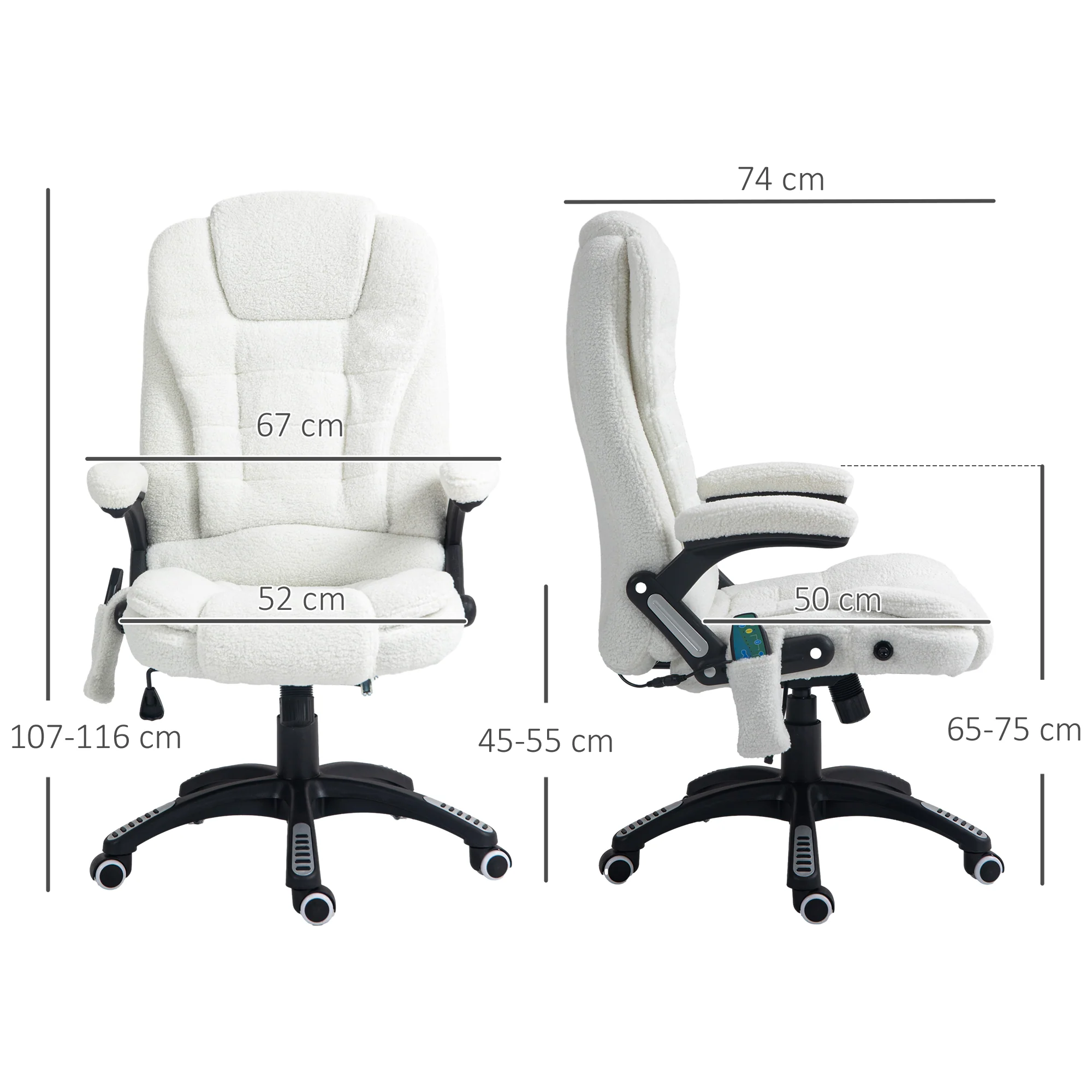 Massage Office Chair, Height Adjustable Rocking Heating Reclining Footrest, Teddy Velvet White - Image 3