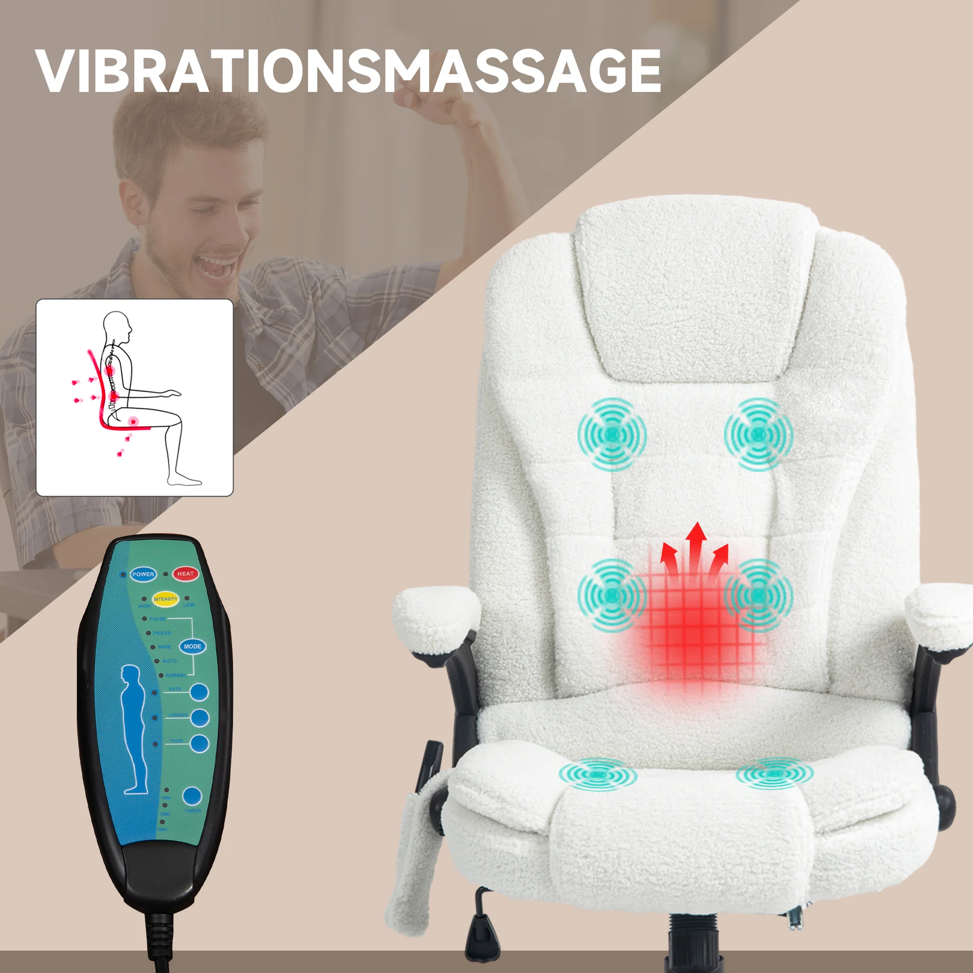 Massage Office Chair, Height Adjustable Rocking Heating Reclining Footrest, Teddy Velvet White - Image 4