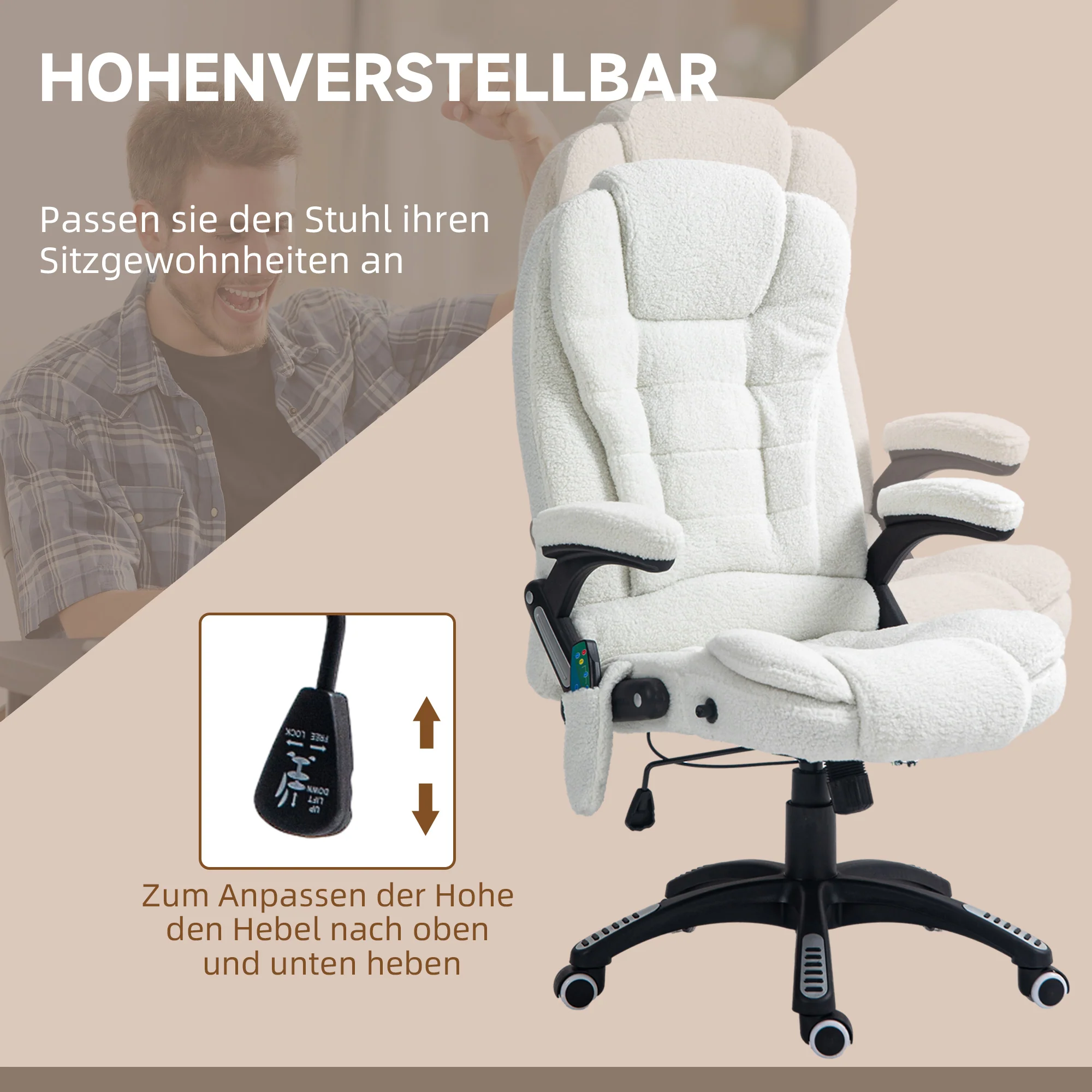 Massage Office Chair, Height Adjustable Rocking Heating Reclining Footrest, Teddy Velvet White - Image 5