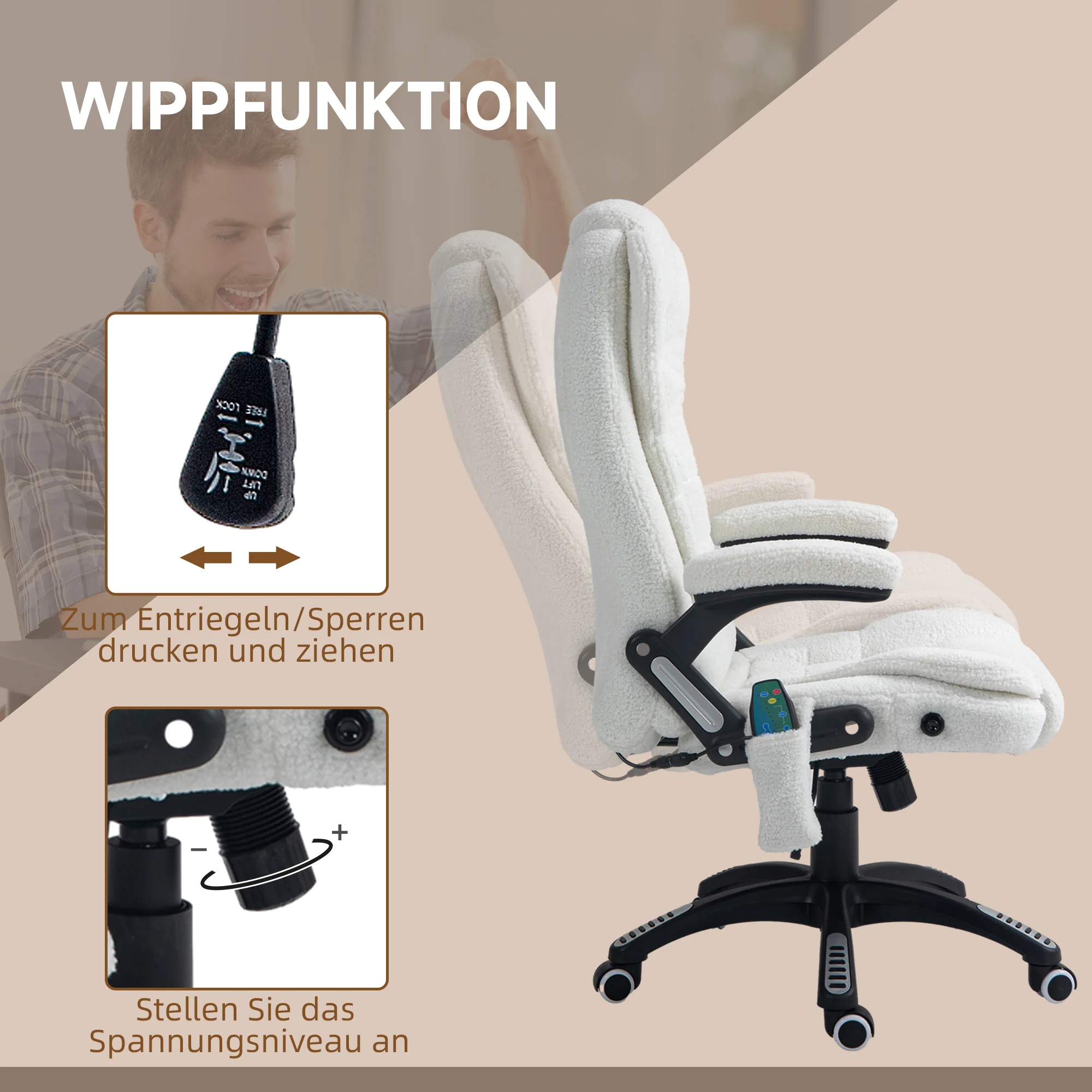 Massage Office Chair, Height Adjustable Rocking Heating Reclining Footrest, Teddy Velvet White - Image 6