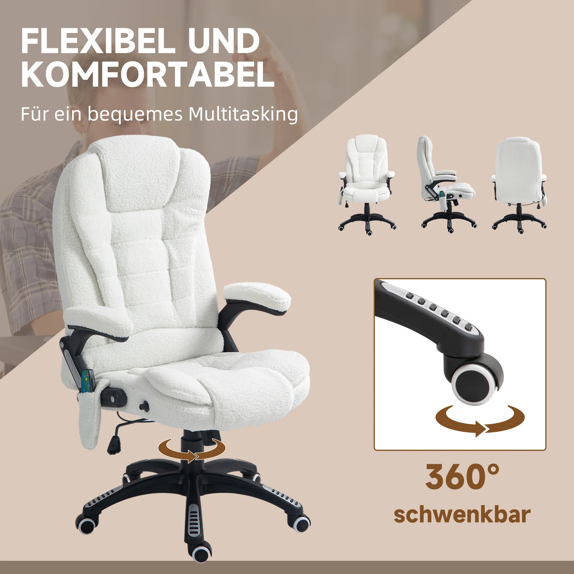 Massage Office Chair, Height Adjustable Rocking Heating Reclining Footrest, Teddy Velvet White - Image 7