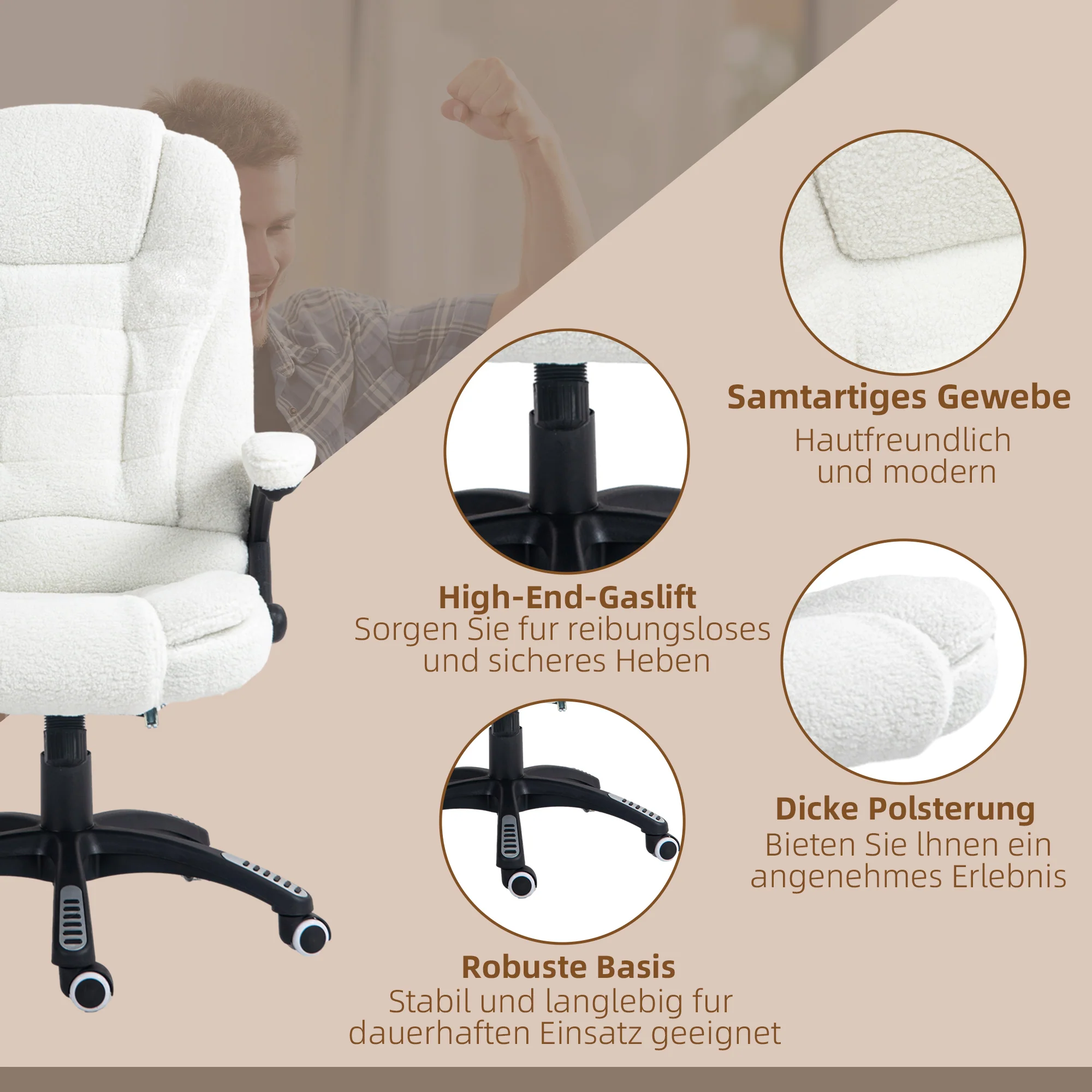 Massage Office Chair, Height Adjustable Rocking Heating Reclining Footrest, Teddy Velvet White - Image 8