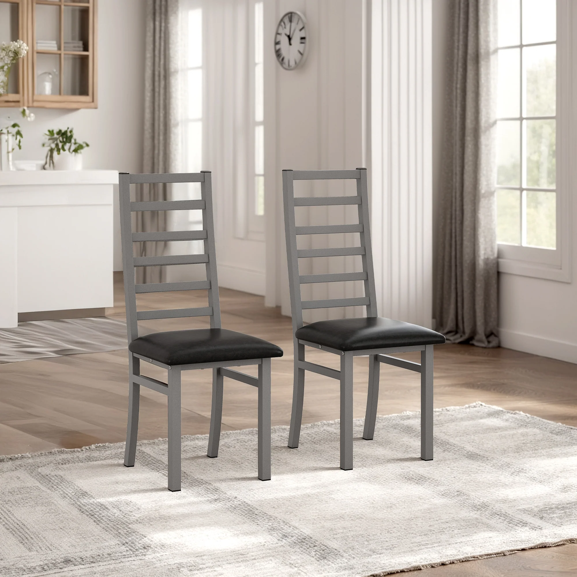 Metal Dining Chairs, Set of 2, High Back Armless, Steel & PU Leather, Grey - Image 5