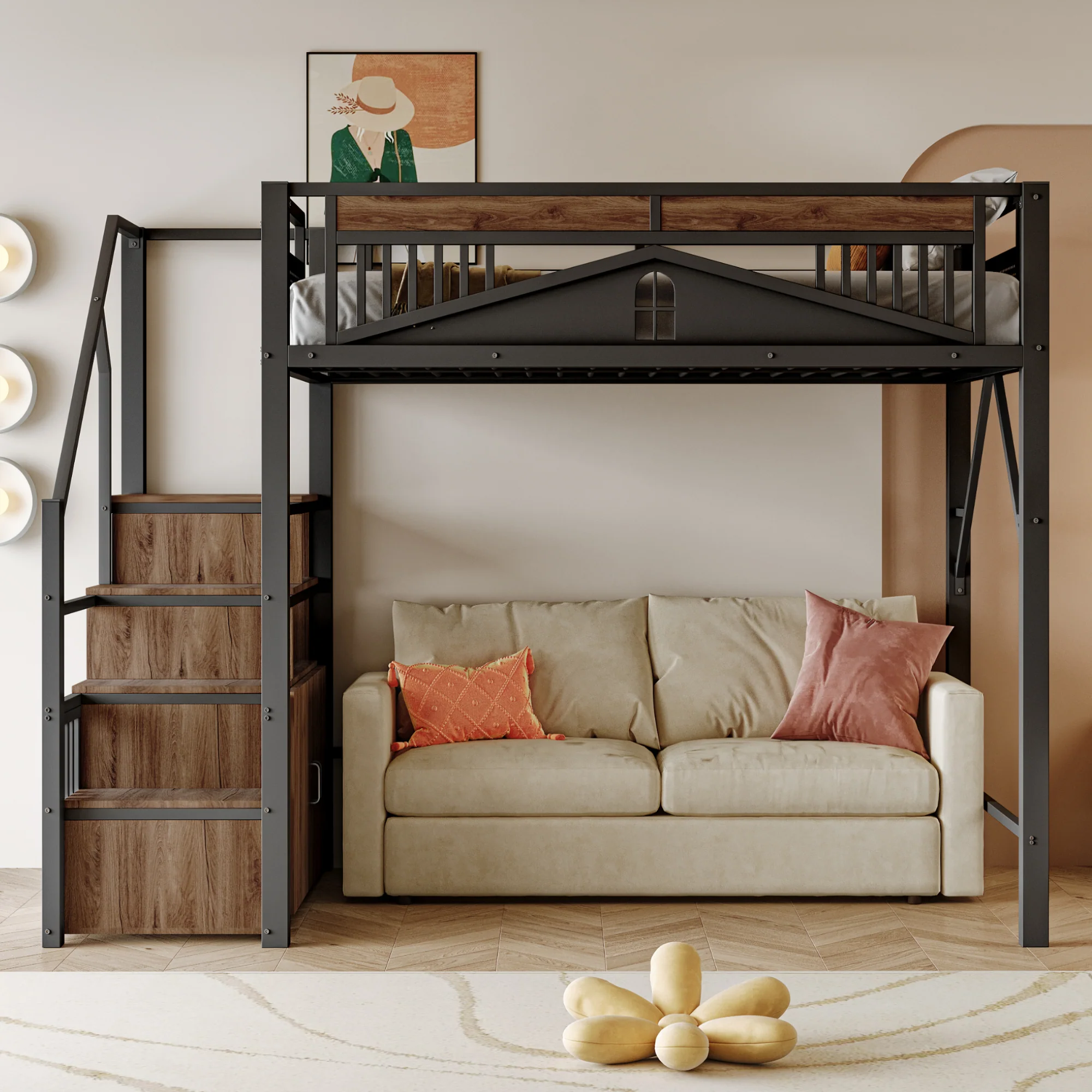 Metal Loft Bed 140x200cm Safety Enclosure with Window Ladder Locker Black - Image 2