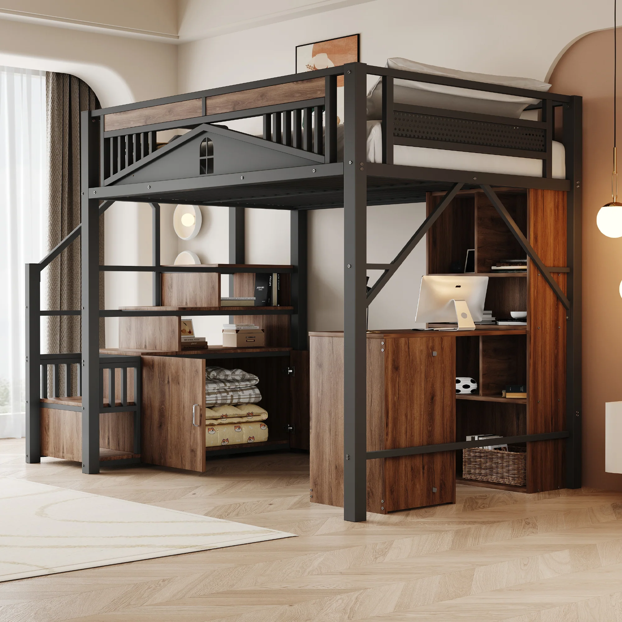 Metal Loft Bed 140x200cm Safety Enclosure with Window Ladder Locker Black - Image 3