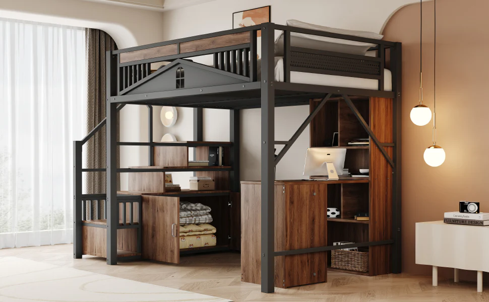 Metal Loft Bed 140x200cm Safety Enclosure with Window Ladder Locker Black - Image 4