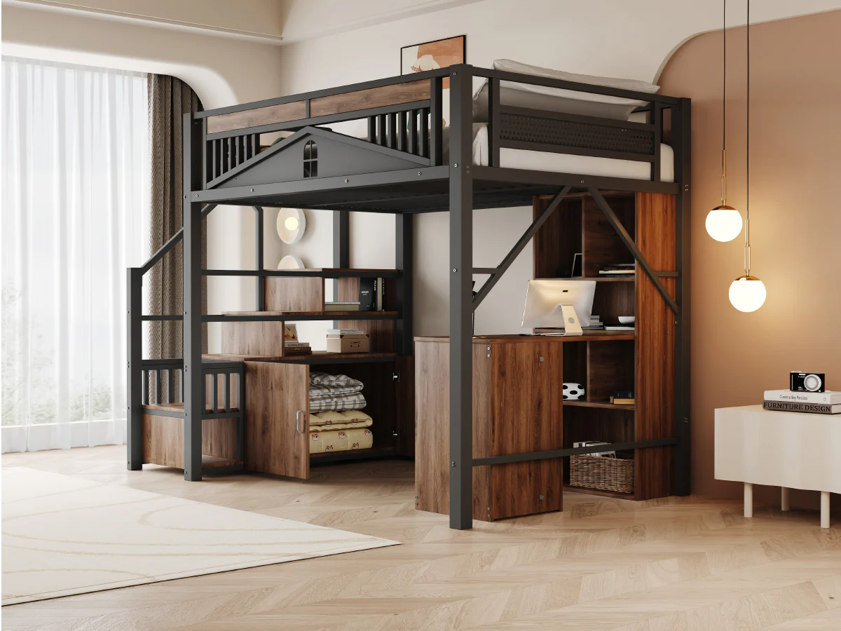 Metal Loft Bed 140x200cm Safety Enclosure with Window Ladder Locker Black - Image 5