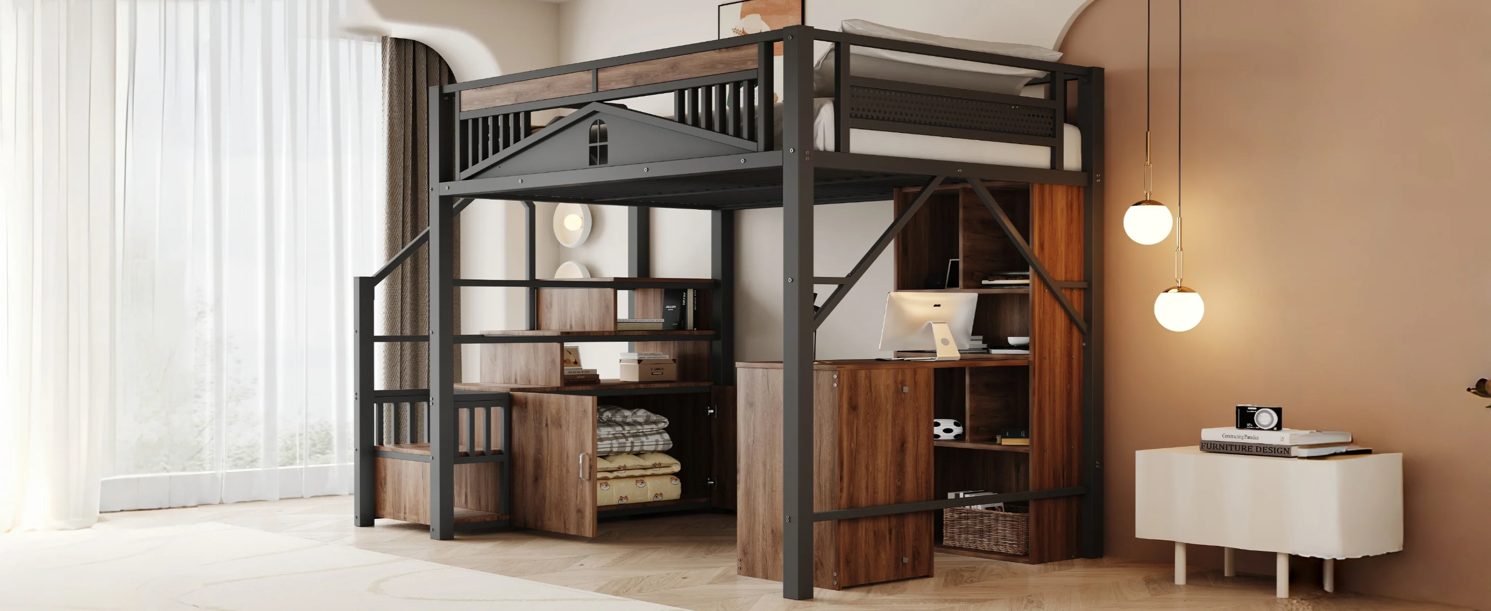 Metal Loft Bed 140x200cm Safety Enclosure with Window Ladder Locker Black - Image 6