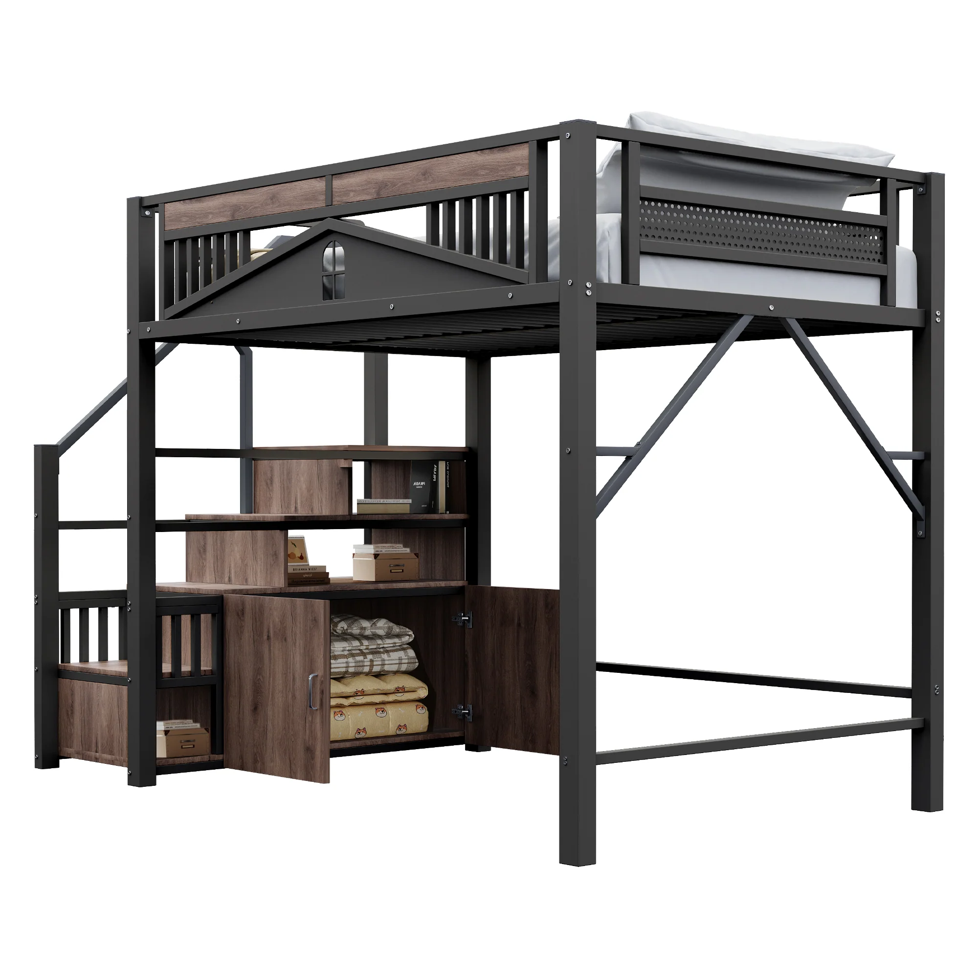 Metal Loft Bed 140x200cm Safety Enclosure with Window Ladder Locker Black - Image 7