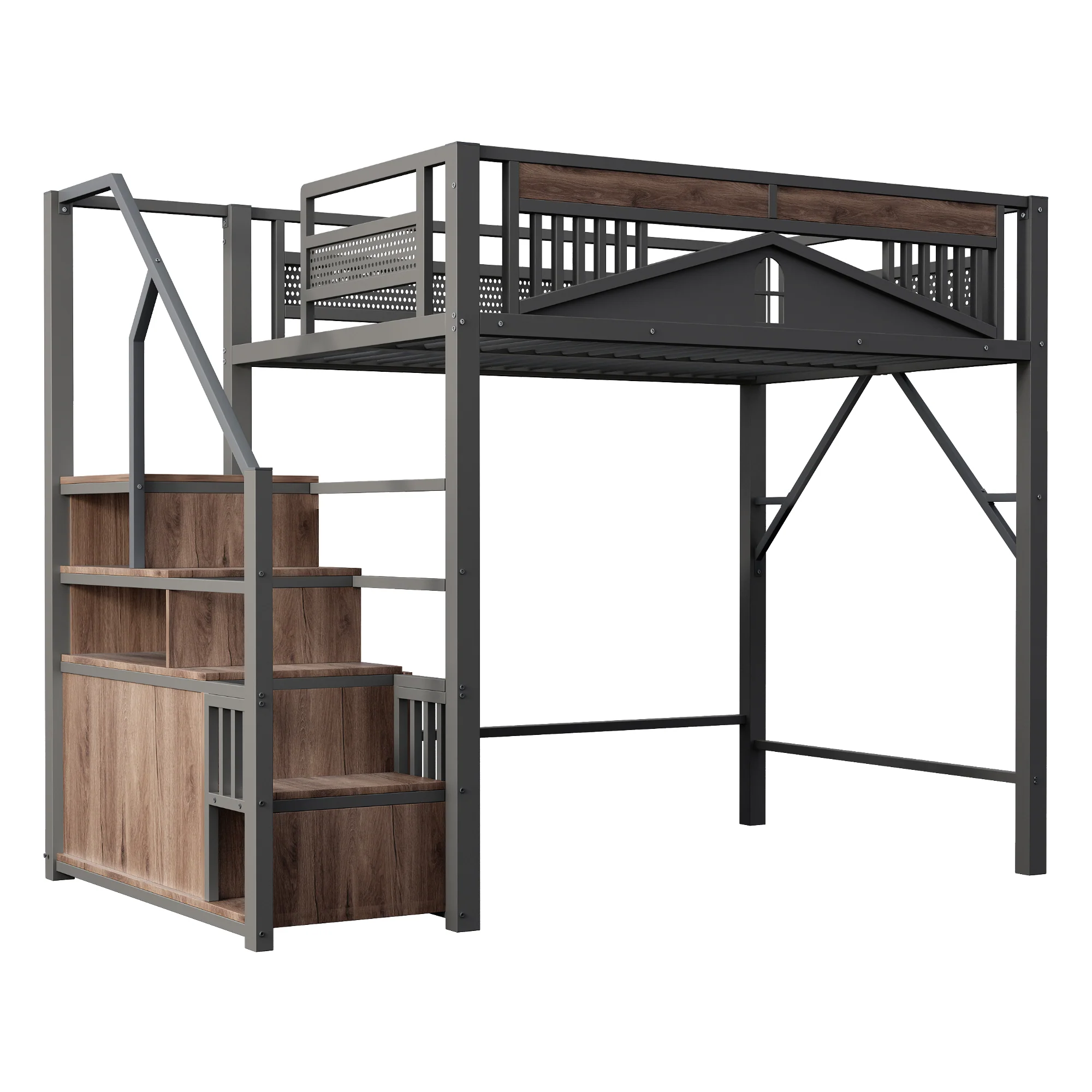 Metal Loft Bed 140x200cm Safety Enclosure with Window Ladder Locker Black - Image 9