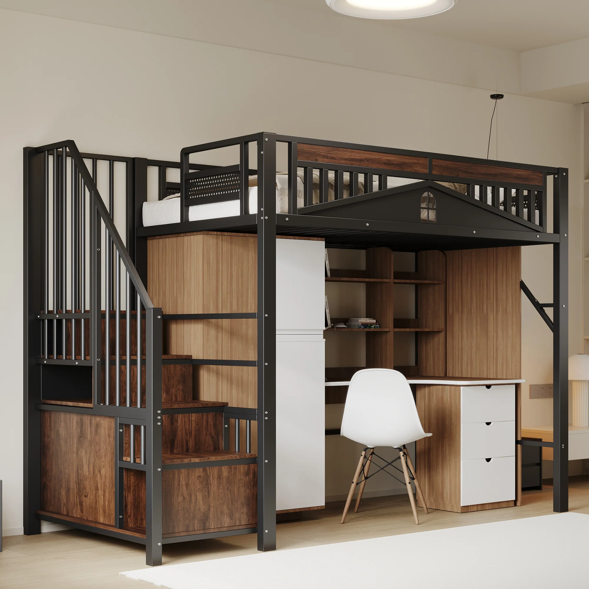 Metal Loft Bed, 90 x 200 cm, Safety Enclosure with Window & Ladder, Black