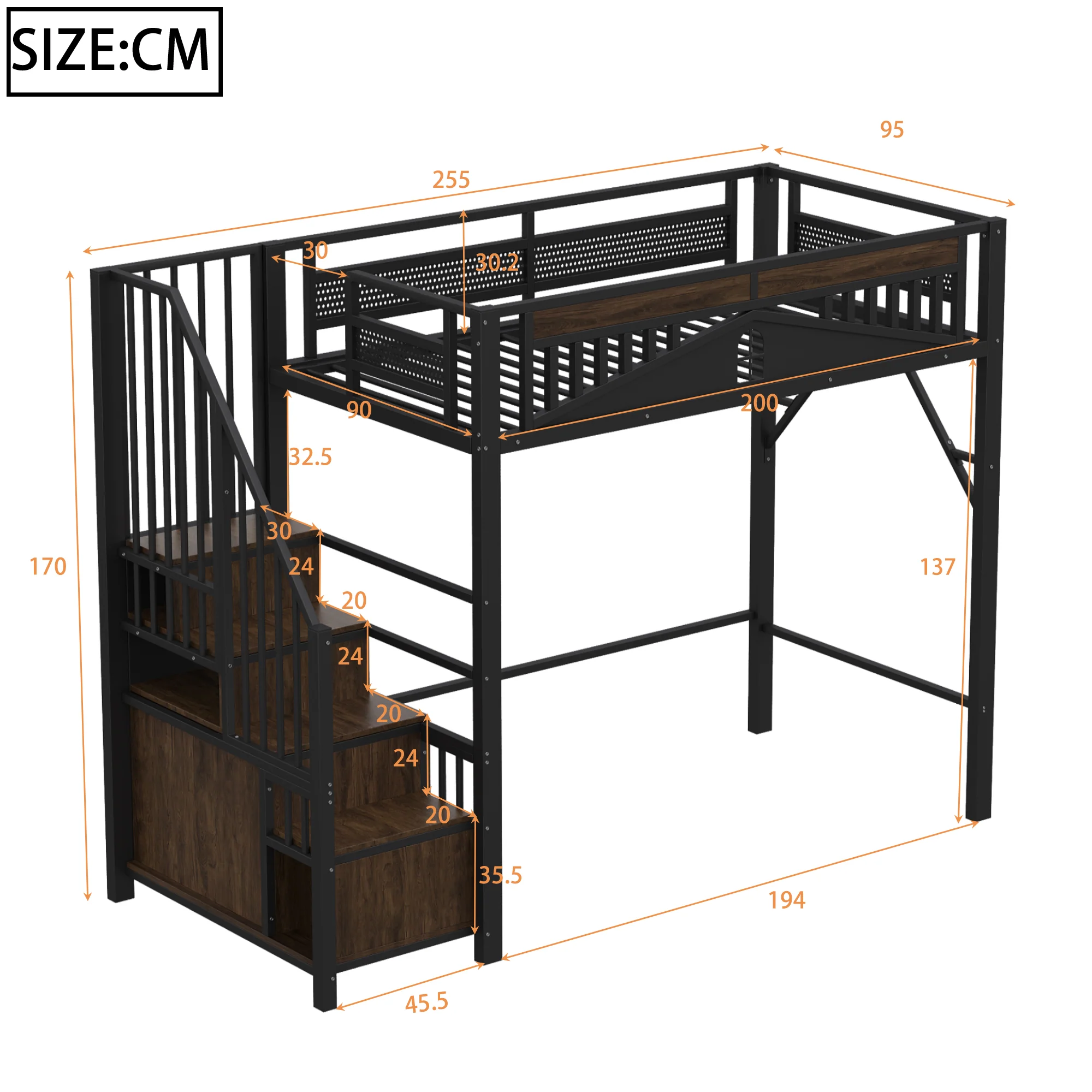 Metal Loft Bed, 90 x 200 cm, Safety Enclosure with Window & Ladder, Black - Image 10