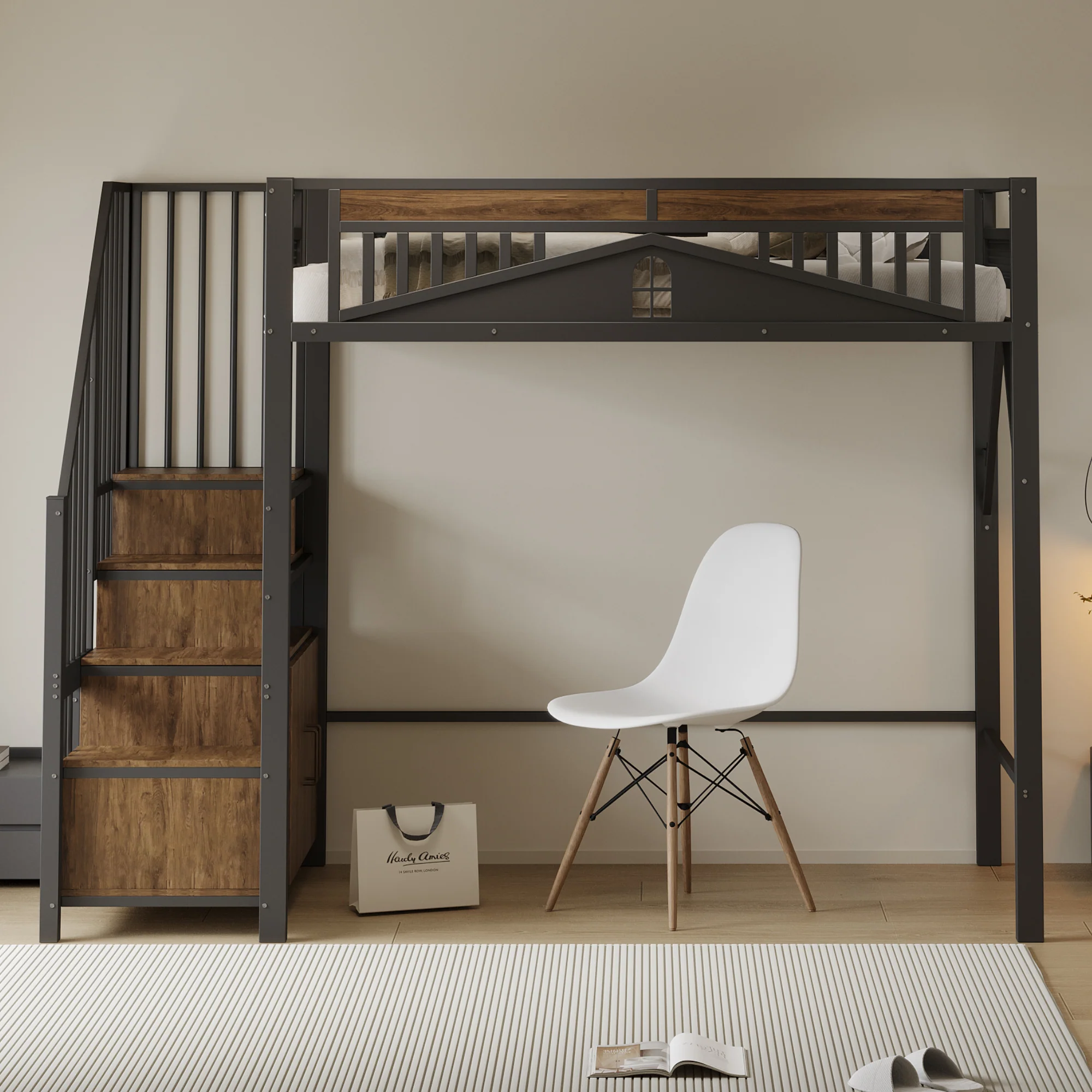 Metal Loft Bed, 90 x 200 cm, Safety Enclosure with Window & Ladder, Black - Image 2