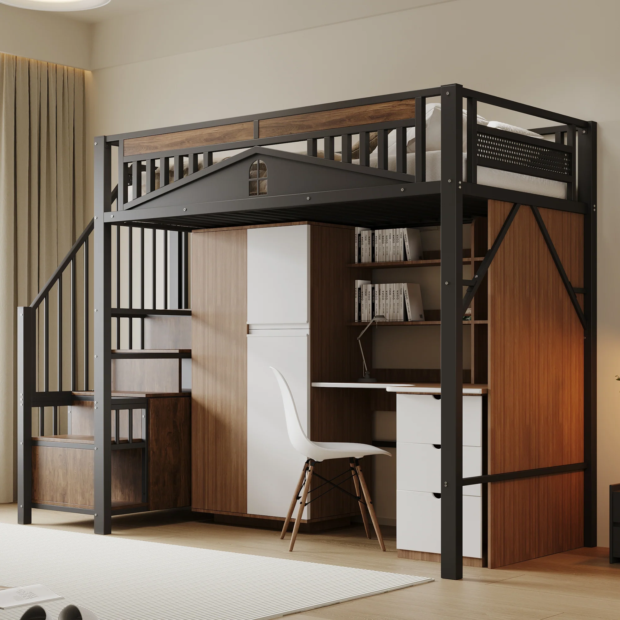 Metal Loft Bed, 90 x 200 cm, Safety Enclosure with Window & Ladder, Black - Image 3