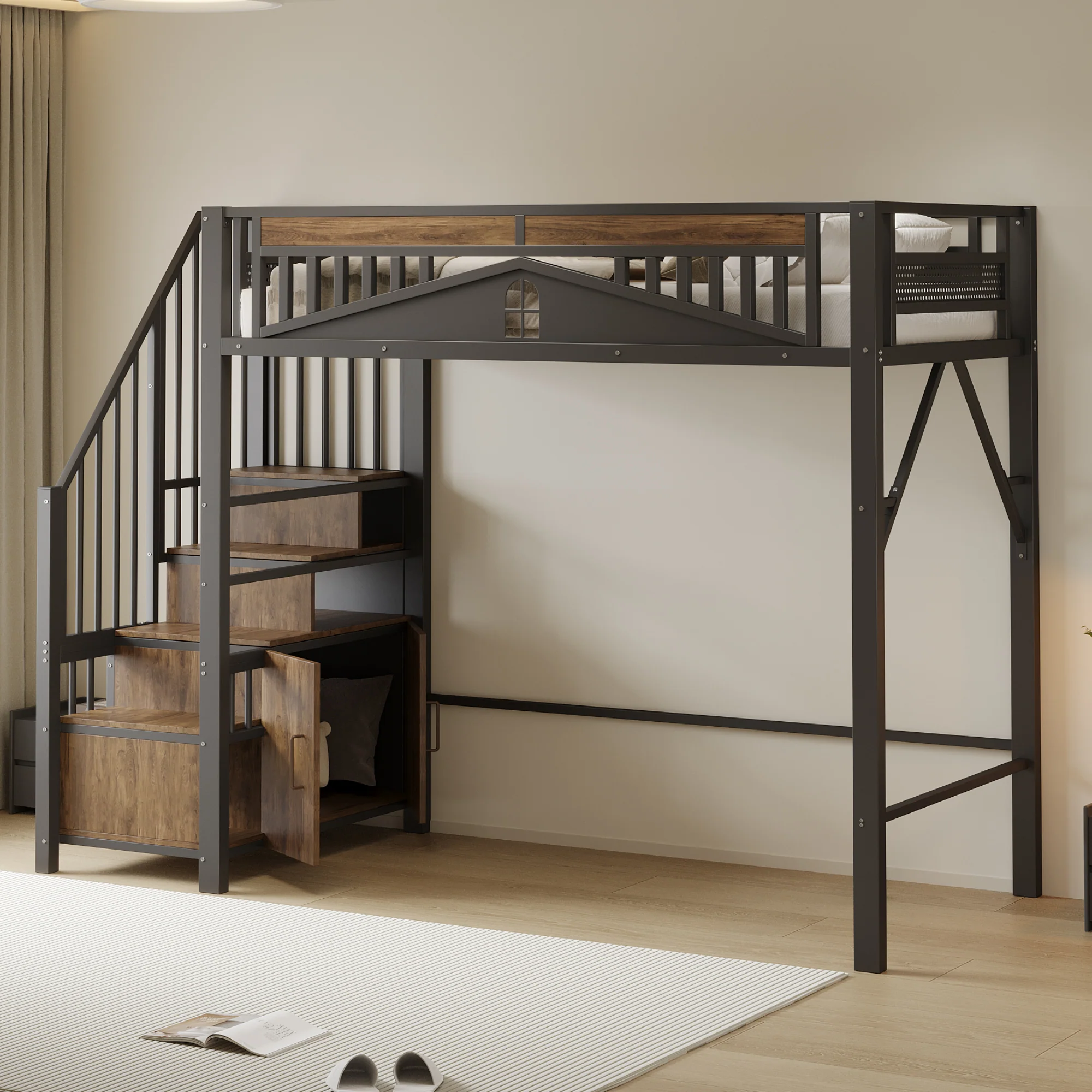 Metal Loft Bed, 90 x 200 cm, Safety Enclosure with Window & Ladder, Black - Image 4