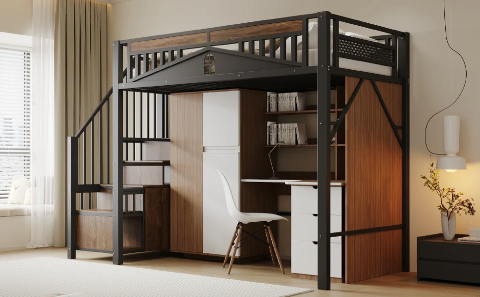 Metal Loft Bed, 90 x 200 cm, Safety Enclosure with Window & Ladder, Black - Image 5