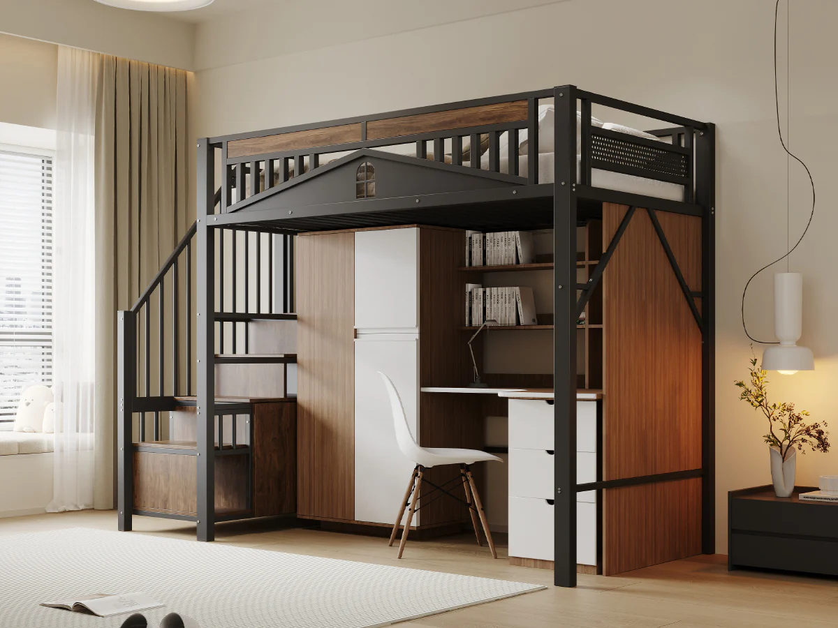 Metal Loft Bed, 90 x 200 cm, Safety Enclosure with Window & Ladder, Black - Image 6