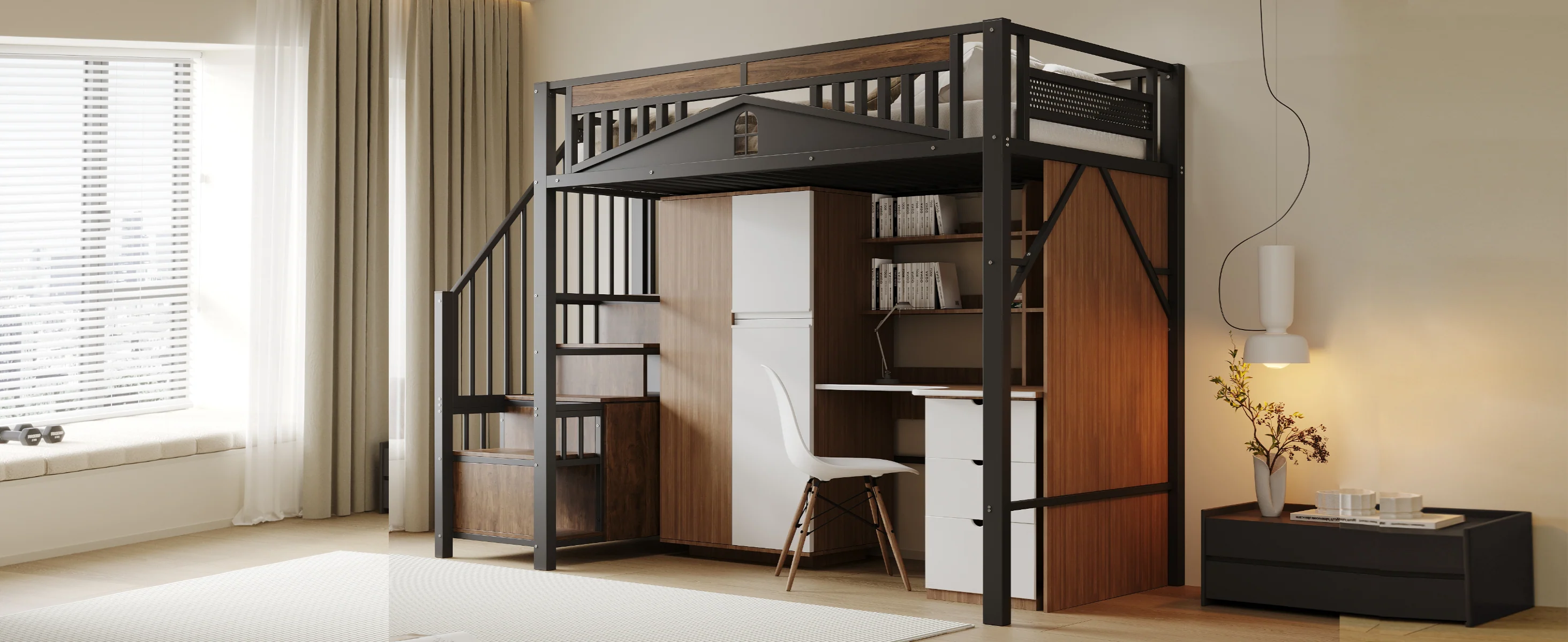 Metal Loft Bed, 90 x 200 cm, Safety Enclosure with Window & Ladder, Black - Image 7
