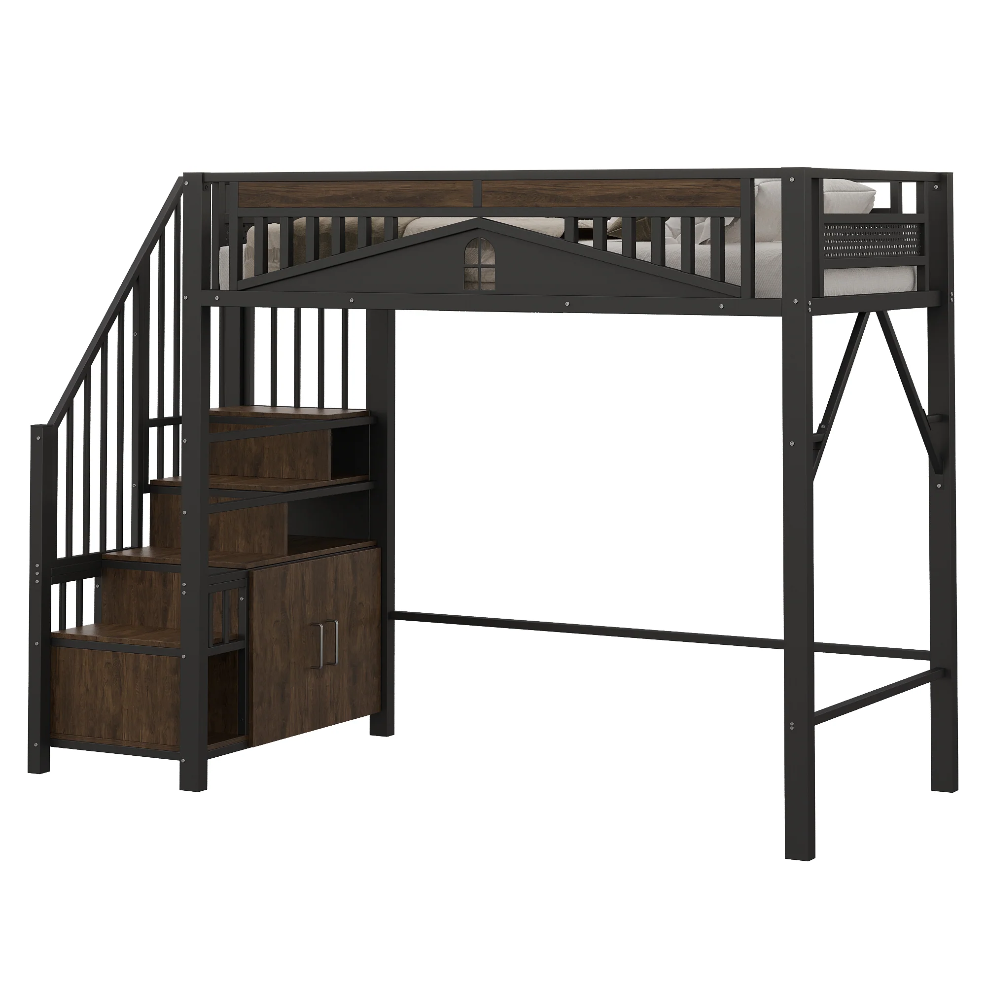 Metal Loft Bed, 90 x 200 cm, Safety Enclosure with Window & Ladder, Black - Image 8