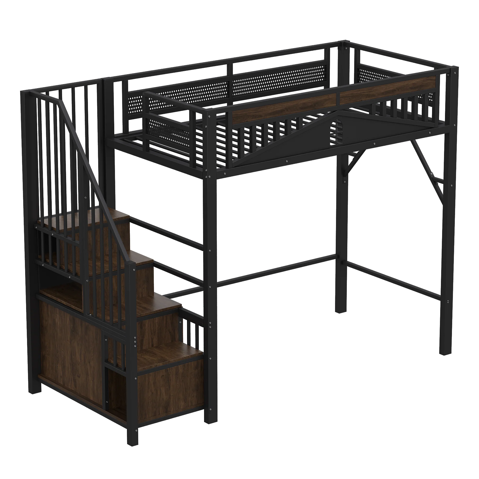 Metal Loft Bed, 90 x 200 cm, Safety Enclosure with Window & Ladder, Black - Image 9