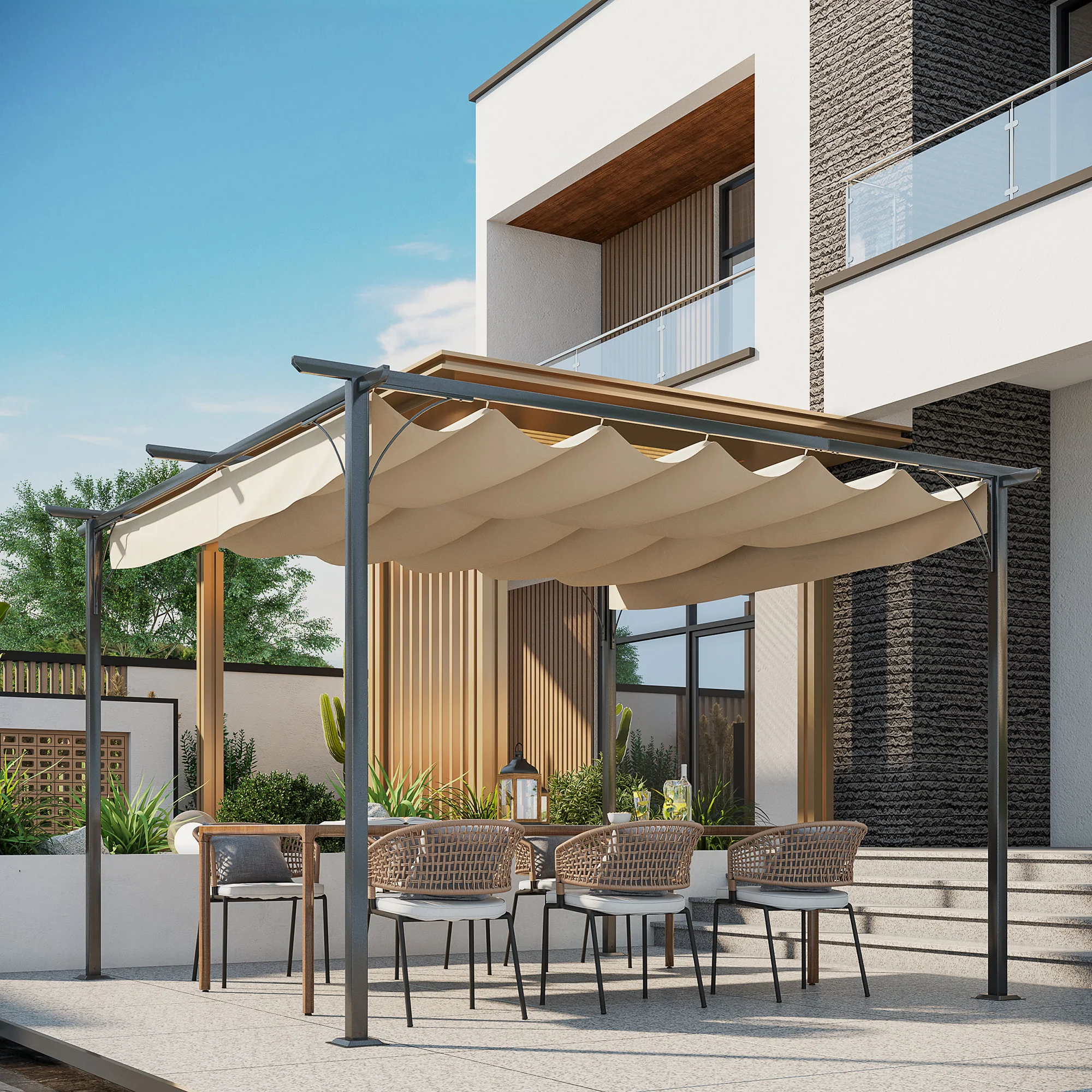 Metal Pergola Gazebo Awning, 3.5m Retractable Canopy Outdoor Sun Shade, Beige