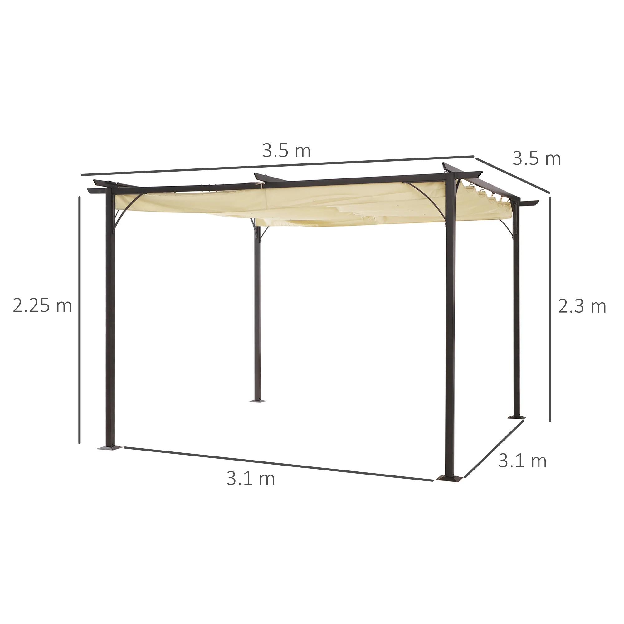Metal Pergola Gazebo Awning, 3.5m Retractable Canopy Outdoor Sun Shade, Beige - Image 3