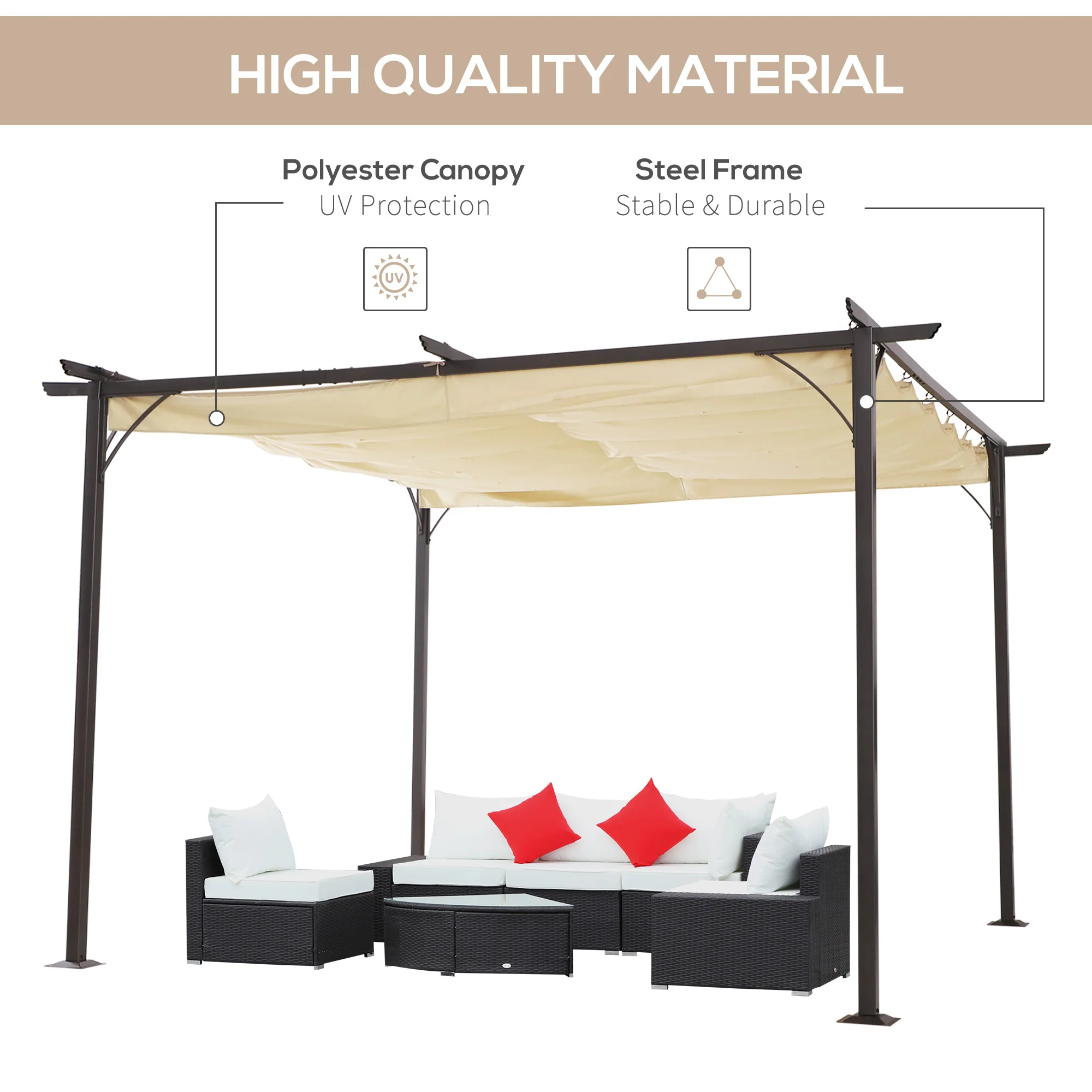 Metal Pergola Gazebo Awning, 3.5m Retractable Canopy Outdoor Sun Shade, Beige - Image 4