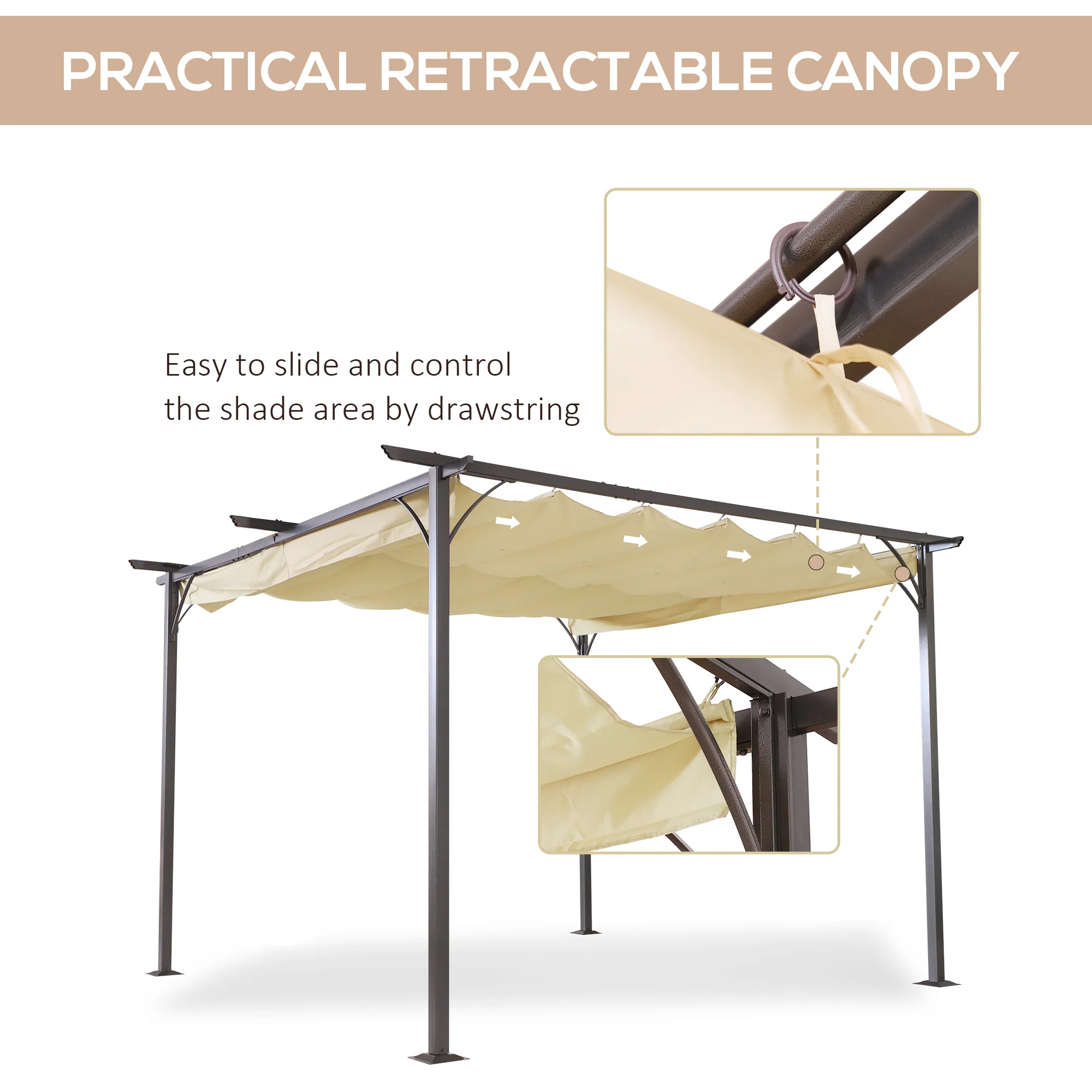 Metal Pergola Gazebo Awning, 3.5m Retractable Canopy Outdoor Sun Shade, Beige - Image 5