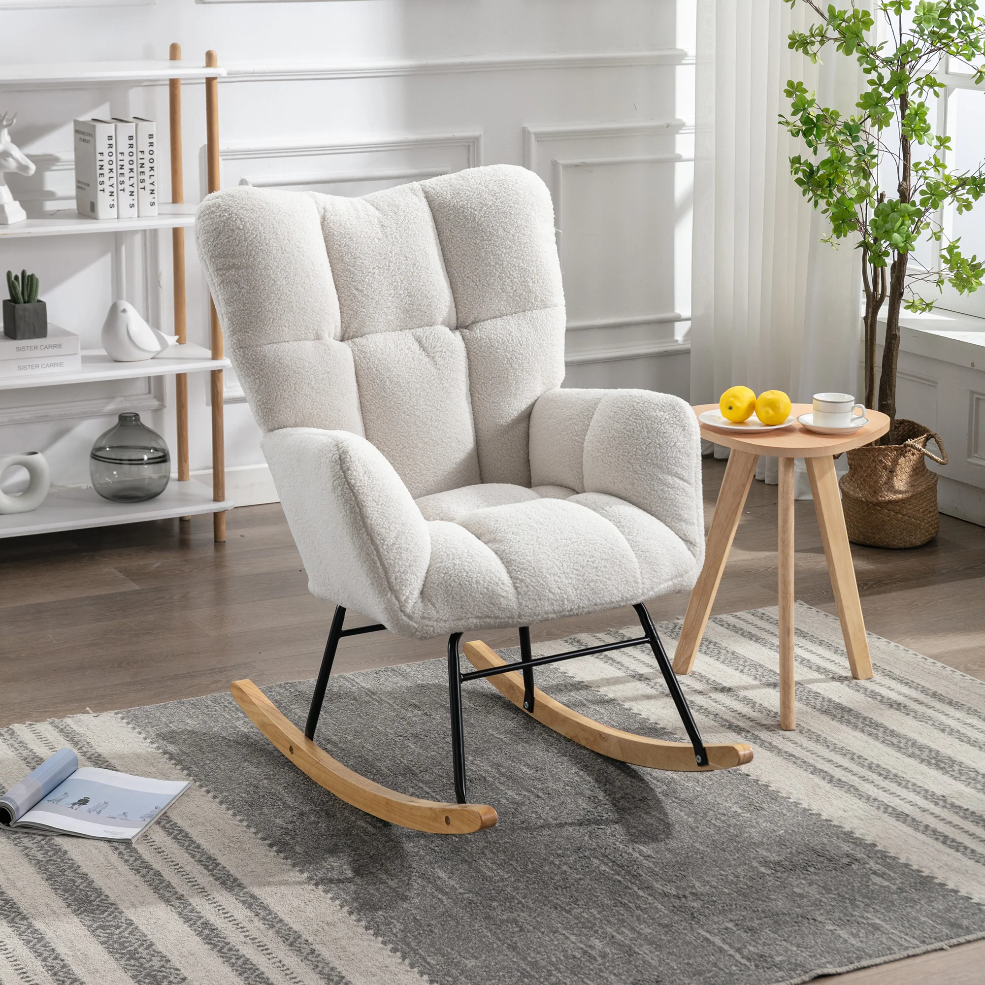 Mid Century Modern Rocking Chair with Tufted Cover, Padded Seat, White